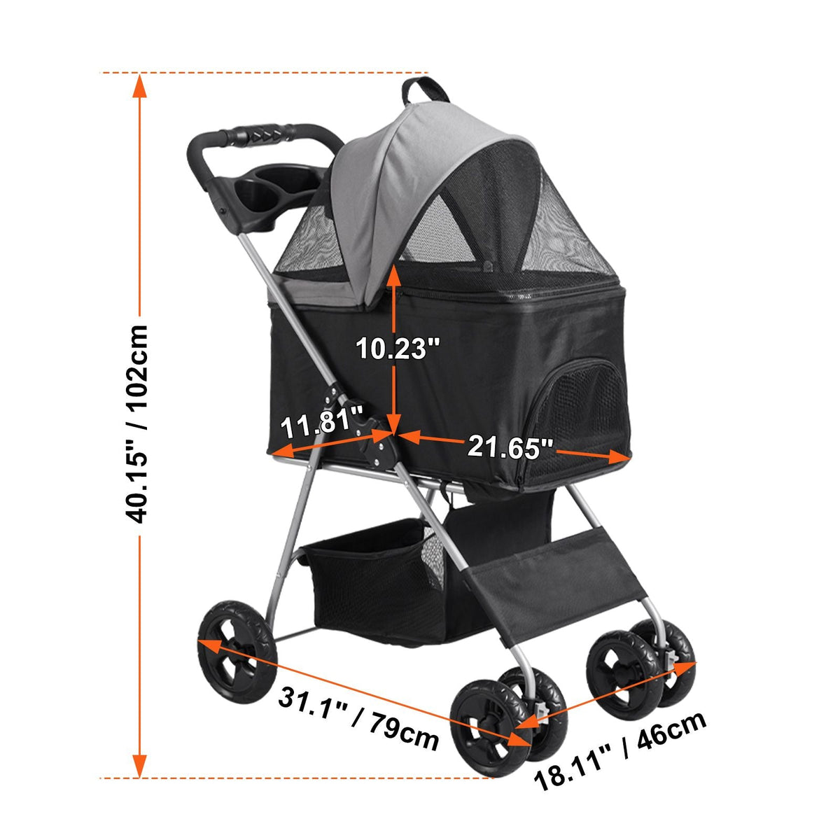 Pet Stroller, 4 Wheels Dog Stroller Rotate with Brakes, 35lbs Weight Capacity, Puppy Stroller with Detachable Carrier, Storage Basket and Cup Holder, for Dogs and Cats Travel, Black+Dark Grey