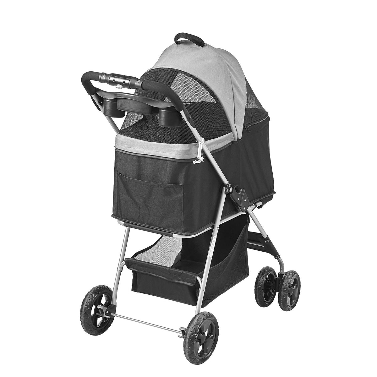 Pet Stroller, 4 Wheels Dog Stroller Rotate with Brakes, 35lbs Weight Capacity, Puppy Stroller with Detachable Carrier, Storage Basket and Cup Holder, for Dogs and Cats Travel, Black+Dark Grey