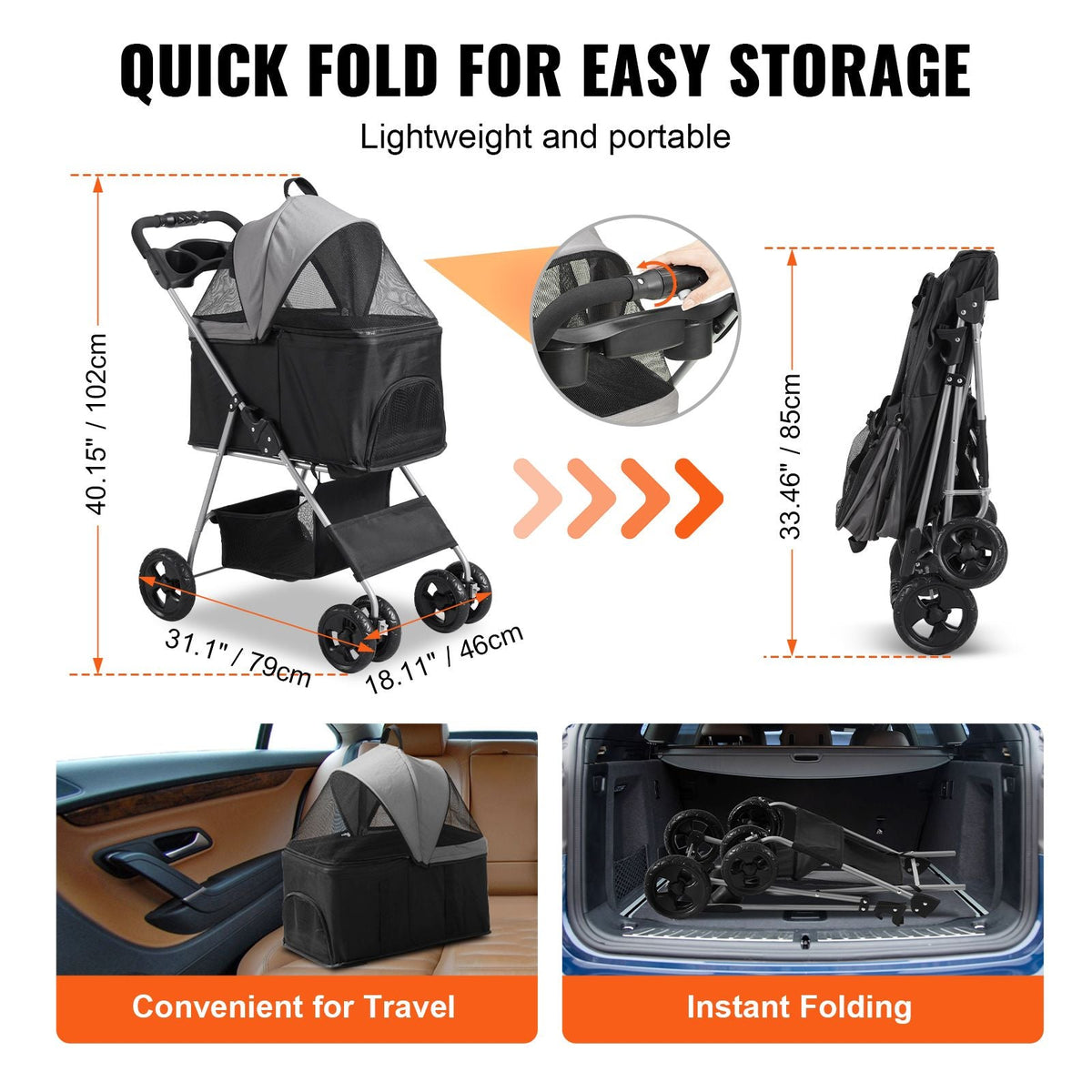 Pet Stroller, 4 Wheels Dog Stroller Rotate with Brakes, 35lbs Weight Capacity, Puppy Stroller with Detachable Carrier, Storage Basket and Cup Holder, for Dogs and Cats Travel, Black+Dark Grey