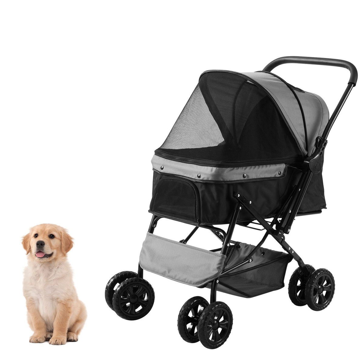 Pet Stroller, 4 Wheels Dog Stroller Rotate with Brakes, 44lbs Weight Capacity, Puppy Stroller with Reversible Handlebar, Storage Basket and Zipper, for Dogs and Cats Travel, Black+Grey