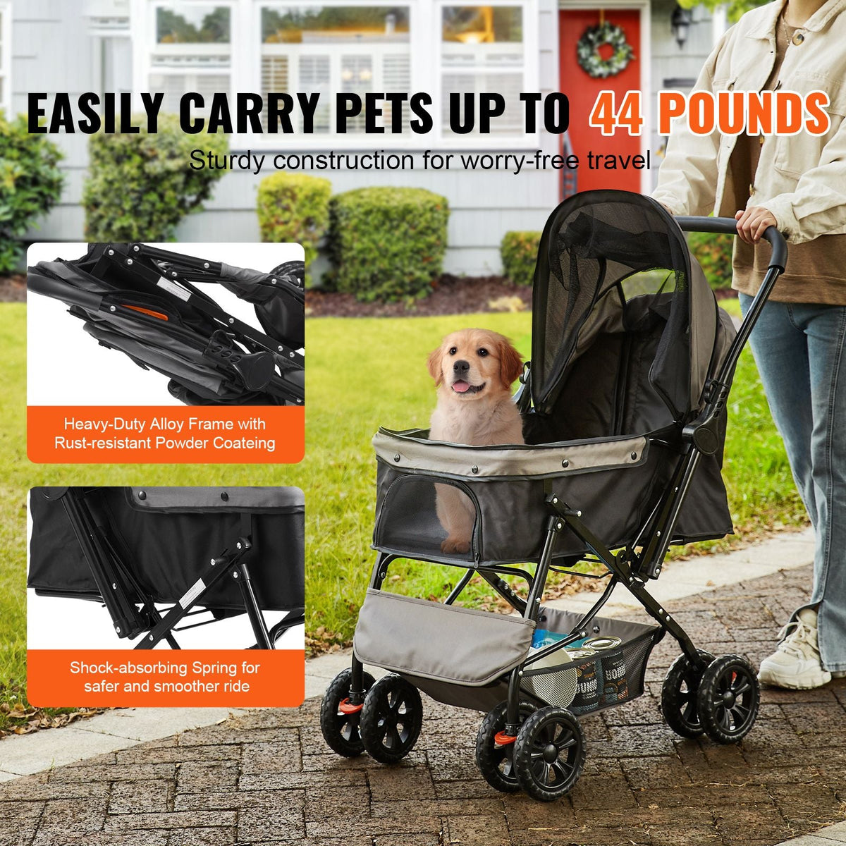 Pet Stroller, 4 Wheels Dog Stroller Rotate with Brakes, 44lbs Weight Capacity, Puppy Stroller with Reversible Handlebar, Storage Basket and Zipper, for Dogs and Cats Travel, Black+Grey