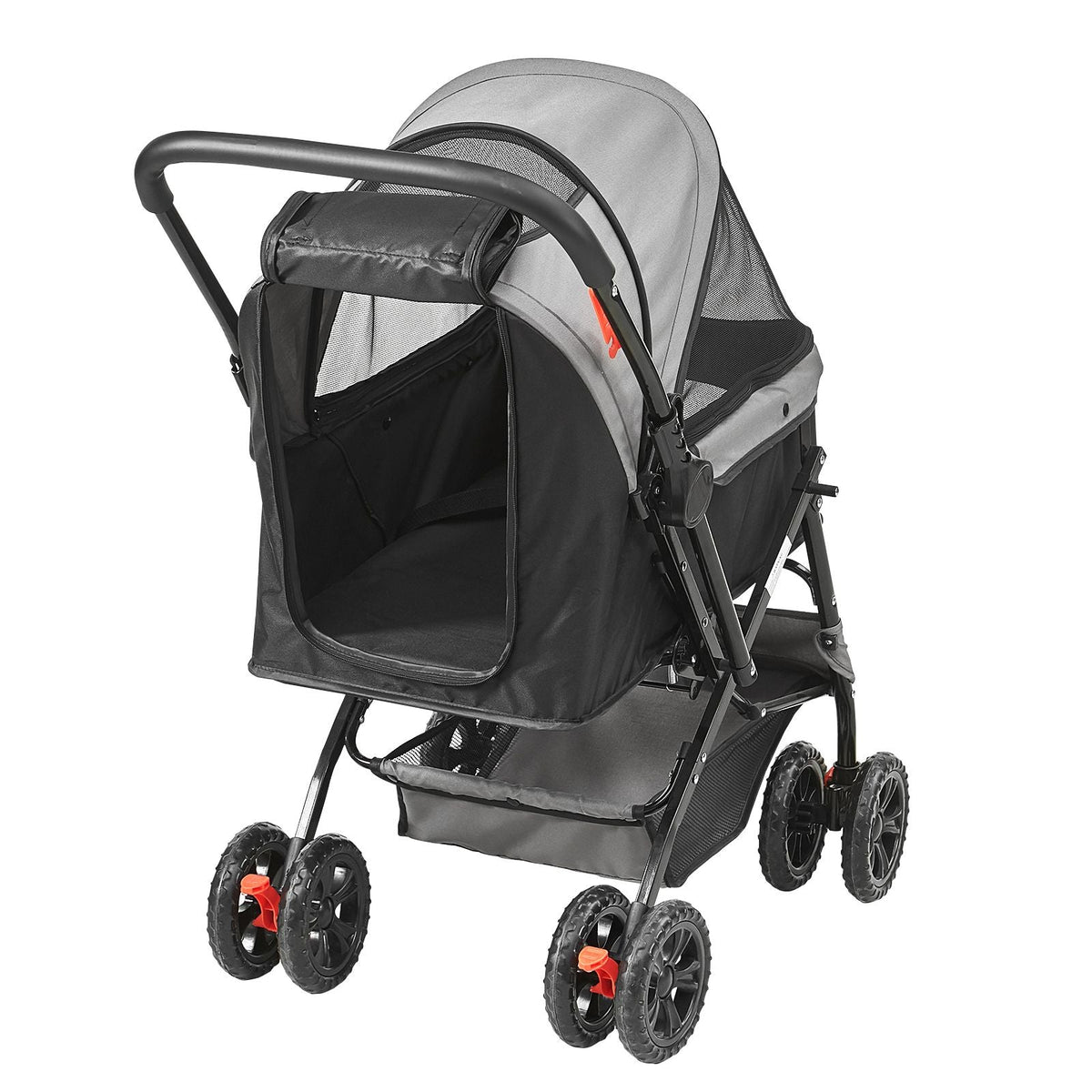 Pet Stroller, 4 Wheels Dog Stroller Rotate with Brakes, 44lbs Weight Capacity, Puppy Stroller with Reversible Handlebar, Storage Basket and Zipper, for Dogs and Cats Travel, Black+Grey