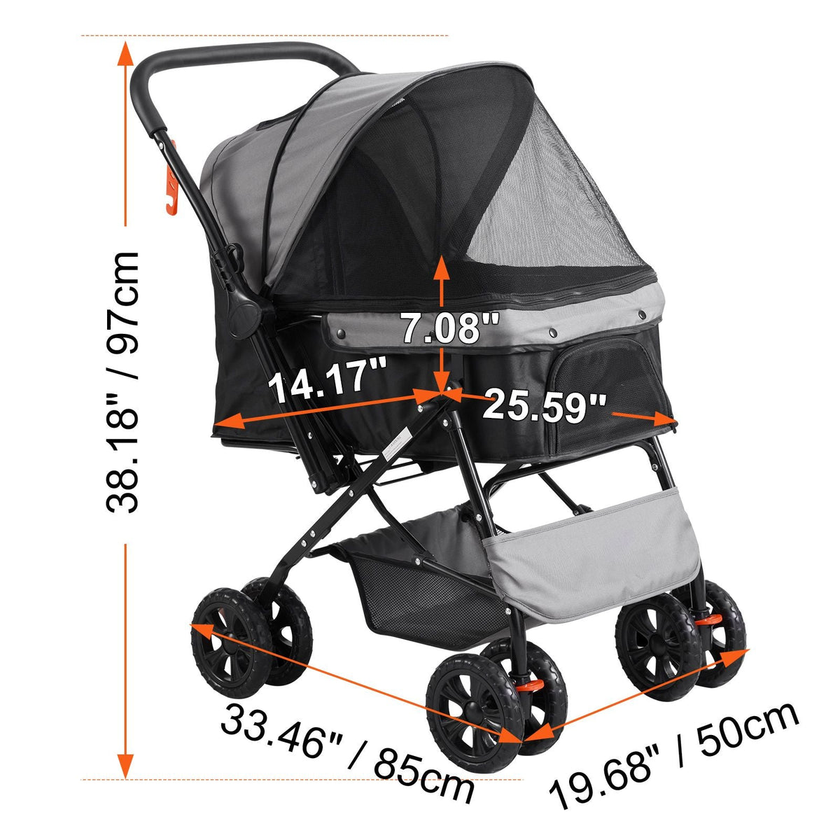 Pet Stroller, 4 Wheels Dog Stroller Rotate with Brakes, 44lbs Weight Capacity, Puppy Stroller with Reversible Handlebar, Storage Basket and Zipper, for Dogs and Cats Travel, Black+Grey