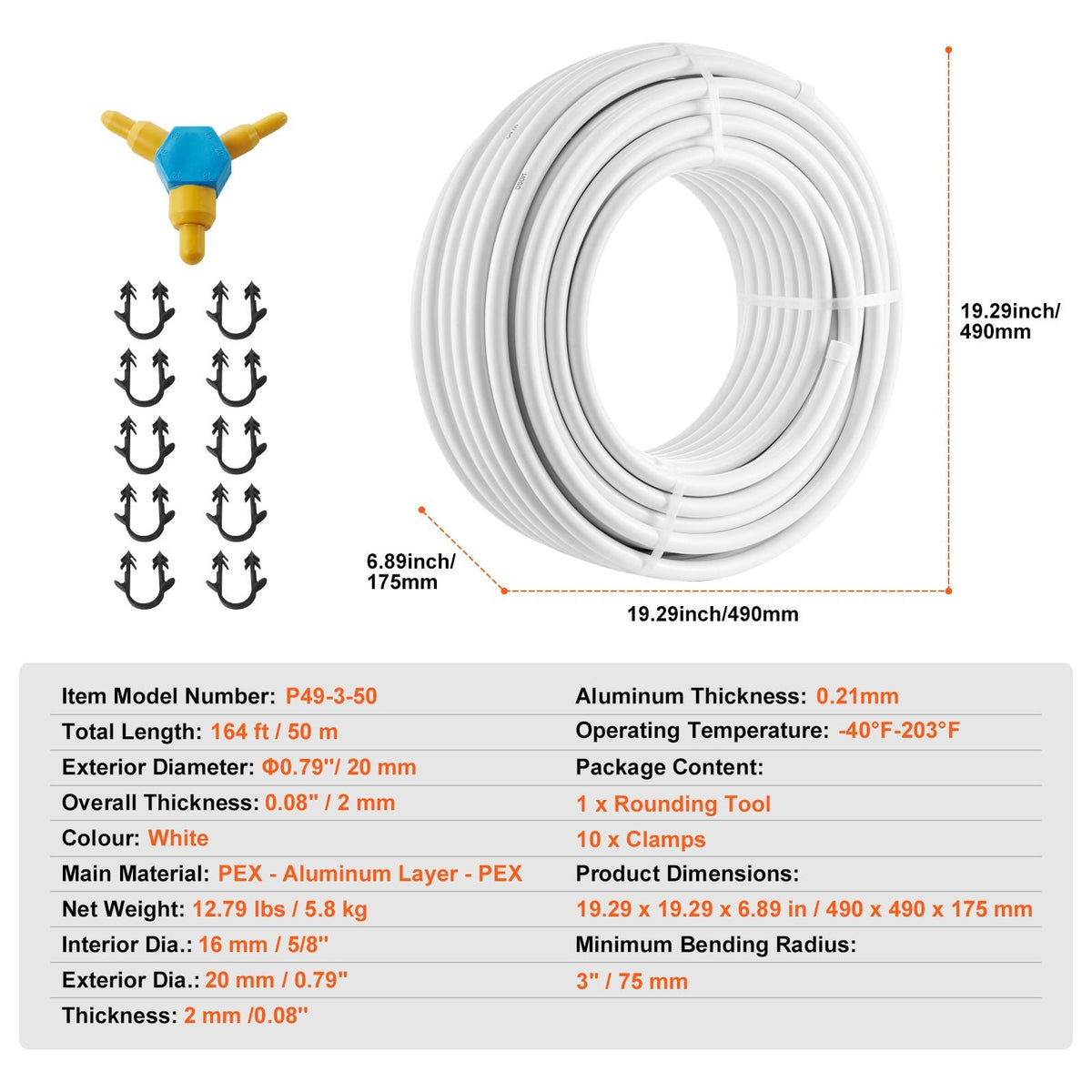 PEX-AL-PEX Tube, 164 ft, 0.79'' Diameter Aluminum-Plastic Composite Pipe Oxygen Barrier Radiant Floor PEX Pipe, 0.08'' Thickness Radiant Heat Floor Plumbing Inner Aluminum Layer PEX Tubing Pipe