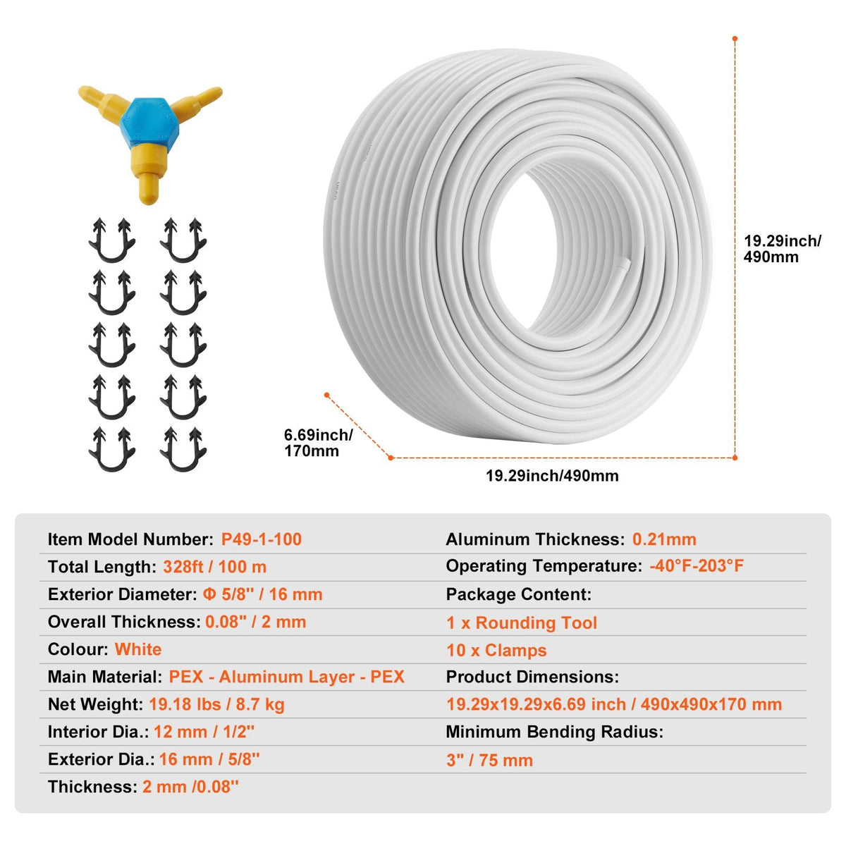 PEX-AL-PEX Tube, 328ft, 5/8'' Diameter Aluminum-Plastic Composite Pipe Oxygen Barrier Radiant Floor PEX Pipe, 0.08'' Thickness Radiant Heat Floor Plumbing Inner Aluminum Layer PEX Tubing Pipe