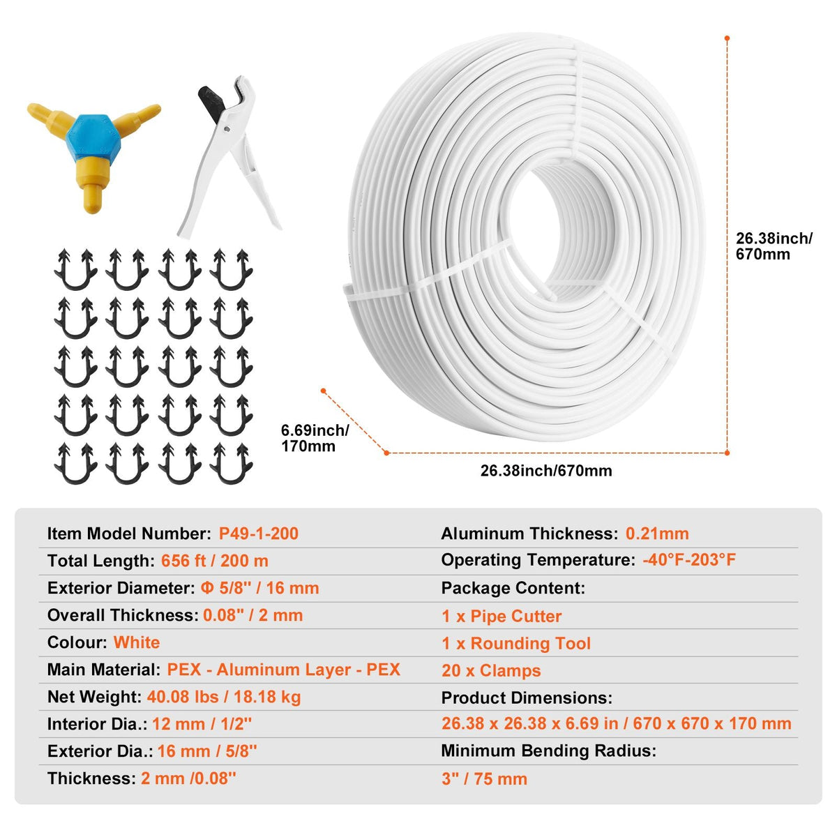 PEX-AL-PEX Tube, 656ft, 5/8'' Diameter Aluminum-Plastic Composite Pipe Oxygen Barrier Radiant Floor PEX Pipe, 0.08'' Thickness Radiant Heat Floor Plumbing Inner Aluminum Layer PEX Tubing Pipe