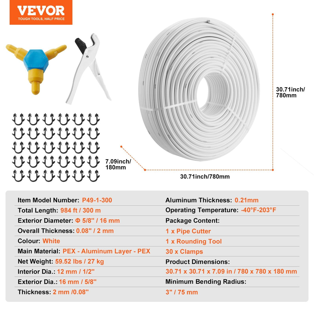 PEX-AL-PEX Tube, 984ft, 5/8'' Diameter Aluminum-Plastic Composite Pipe Oxygen Barrier Radiant Floor PEX Pipe, 0.08'' Thickness Radiant Heat Floor Plumbing Inner Aluminum Layer PEX Tubing Pipe