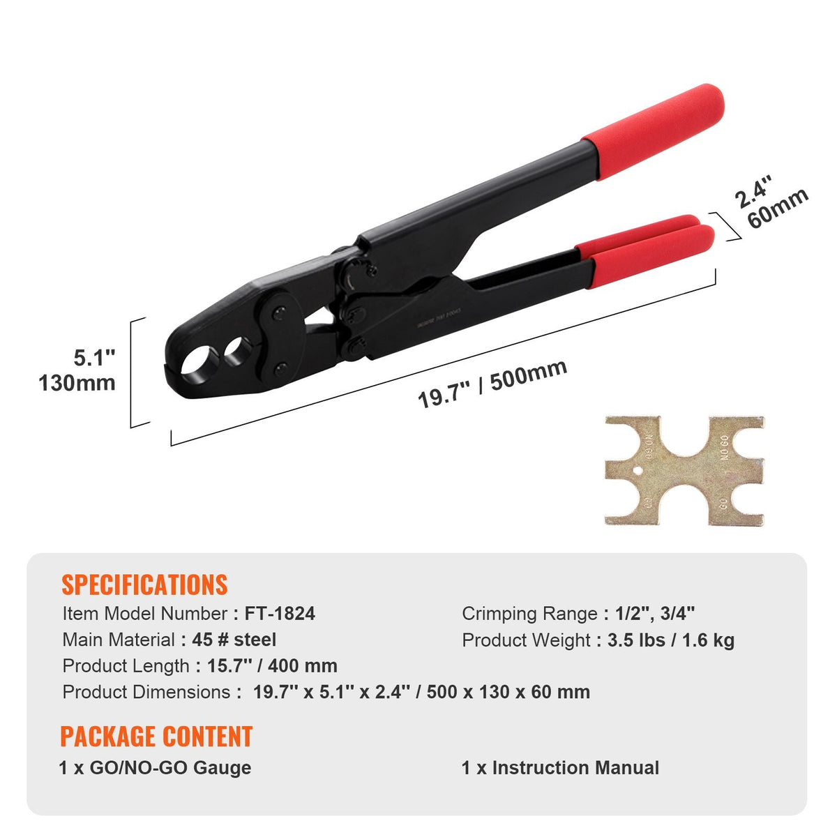 PEX Crimping Tool, Dual Head Combo PEX Crimper Tool for 1/2" and 3/4" PEX Copper Crimp Rings, Compact Plumbing Crimp Tool with Go/No-Go Gauge, Well-Polished Jaw, Meets ASTM F1807 Standards