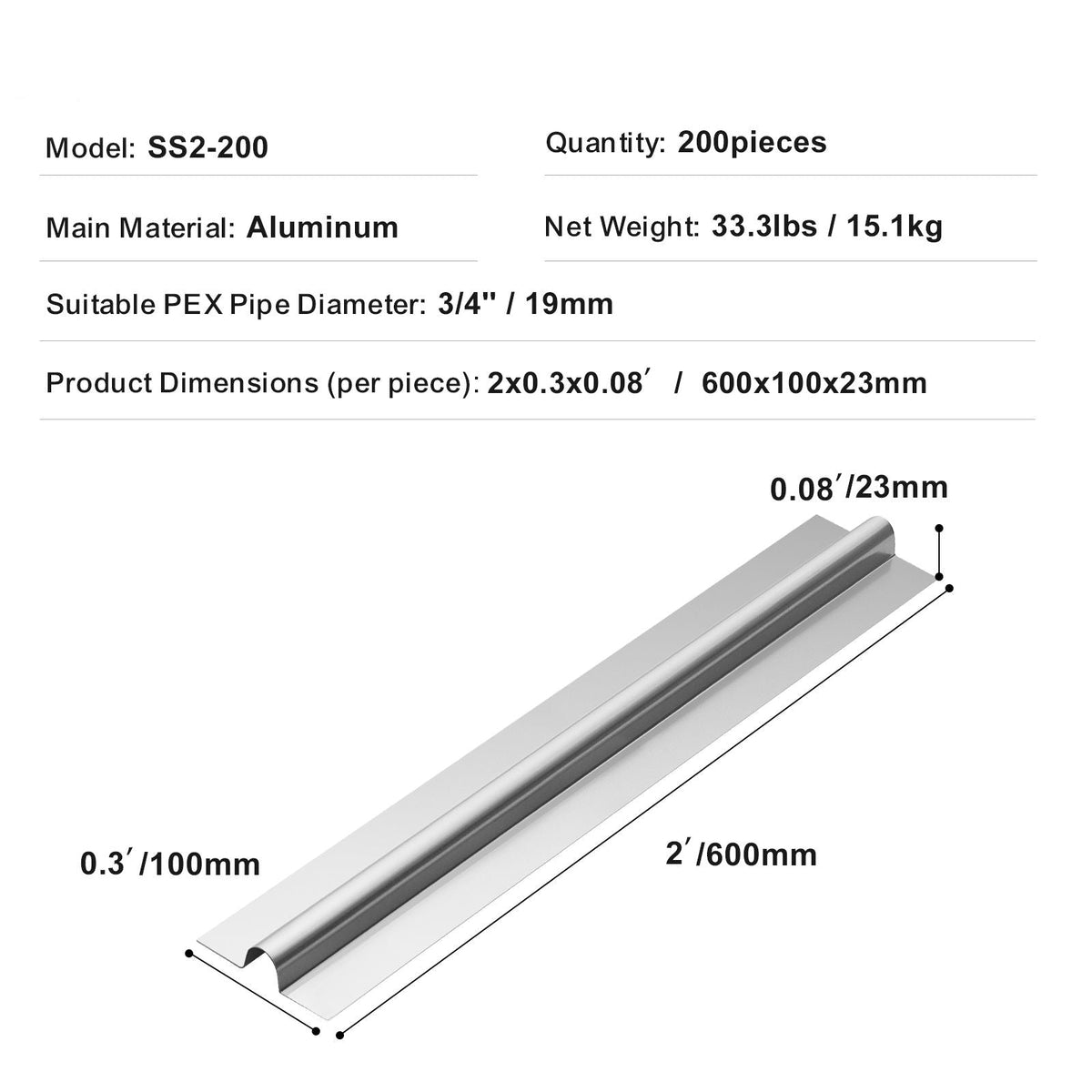 PEX Heat Transfer Plates 2 ft, Radiant Heat Plates for 3/4" PEX Pipe, Durable Aluminum & Easy Trimming and Install Underfloor Heat Tubing Plates, Perfect for Wooden Floors (200pcs)