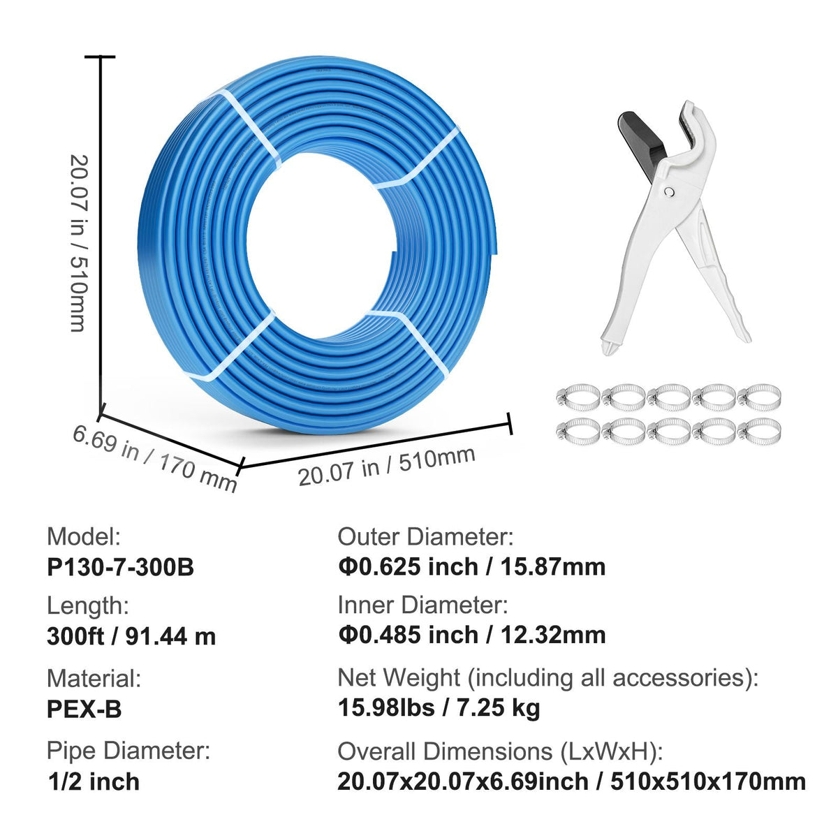 PEX Pipe 1/2 Inch, 300 Feet Length PEX-B Flexible Pipe Tubing for Potable Water, Pex Water Lines for Hot/Cold Water & Easily Restore, Plumbing Applications with Free Cutter & Clamps ,Blue