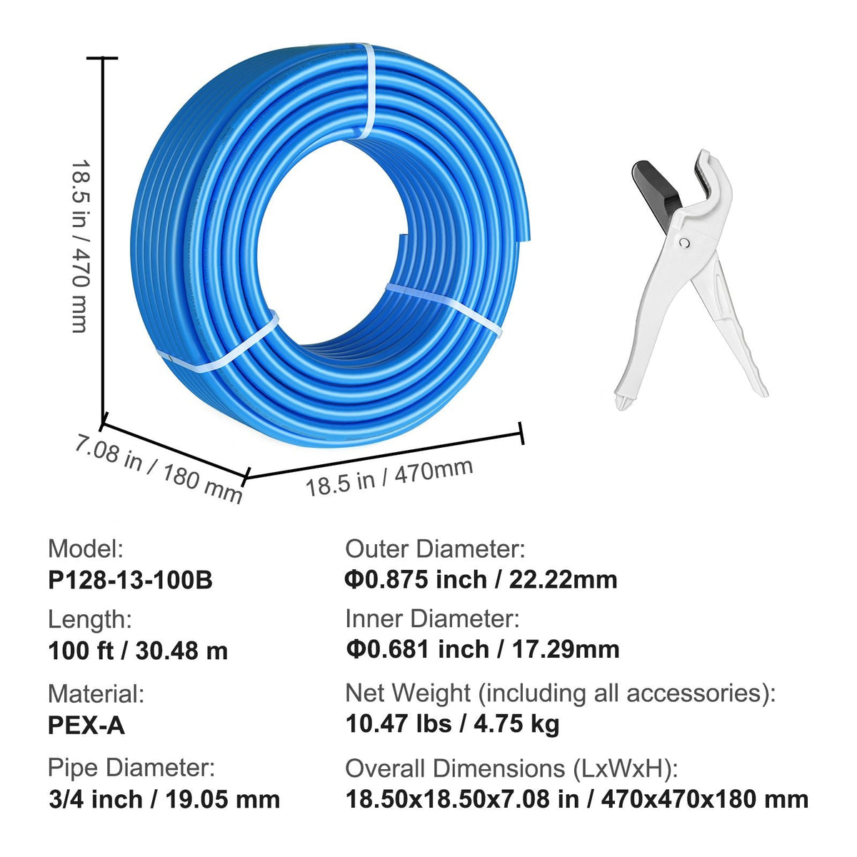 PEX Pipe 3/4 Inch, 100 Feet Length PEX-A Flexible Pipe Tubing for Potable Water, Pex Water Lines for Hot/Cold Water & Easily Restore, Plumbing Applications with Free Cutter,Blue