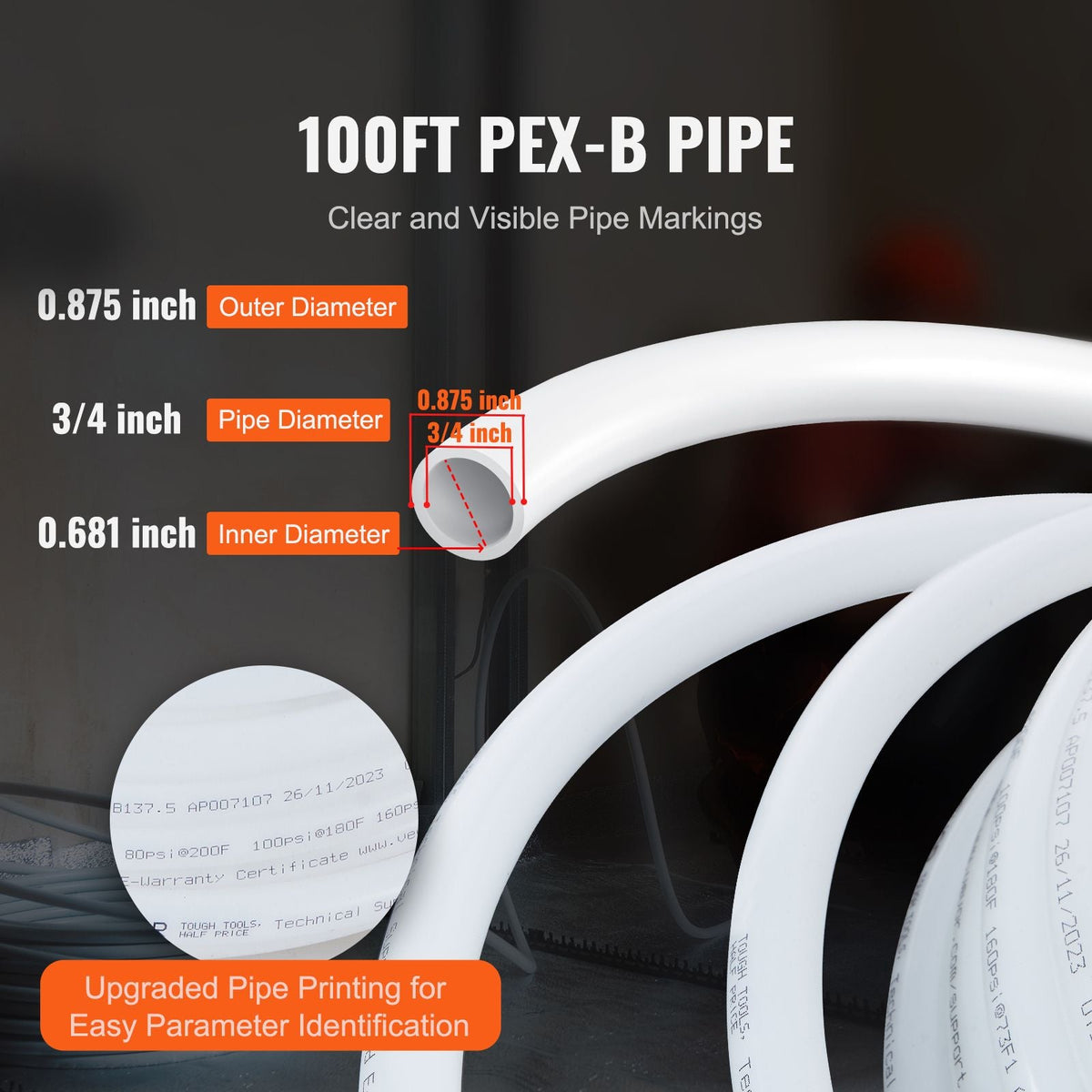 PEX Pipe 3/4 Inch, 100 Feet Length PEX-B Flexible Pipe Tubing for Potable Water, Pex Water Lines for Hot/Cold Water & Easily Restore, Plumbing Applications with Free Cutter & Clamps ,White