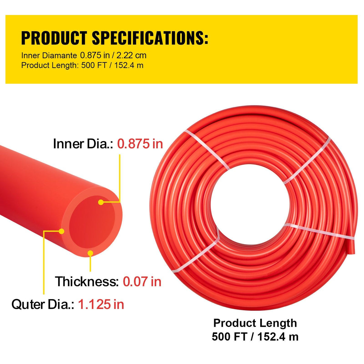 PEX Pipe, 7/8 inch x 500 FT PEX Tubing, Non Oxygen Barrier Red PEX-B Pipe, Flexible PEX Water Line for RV Sewer Hose, Plumbing, Radiant Heating