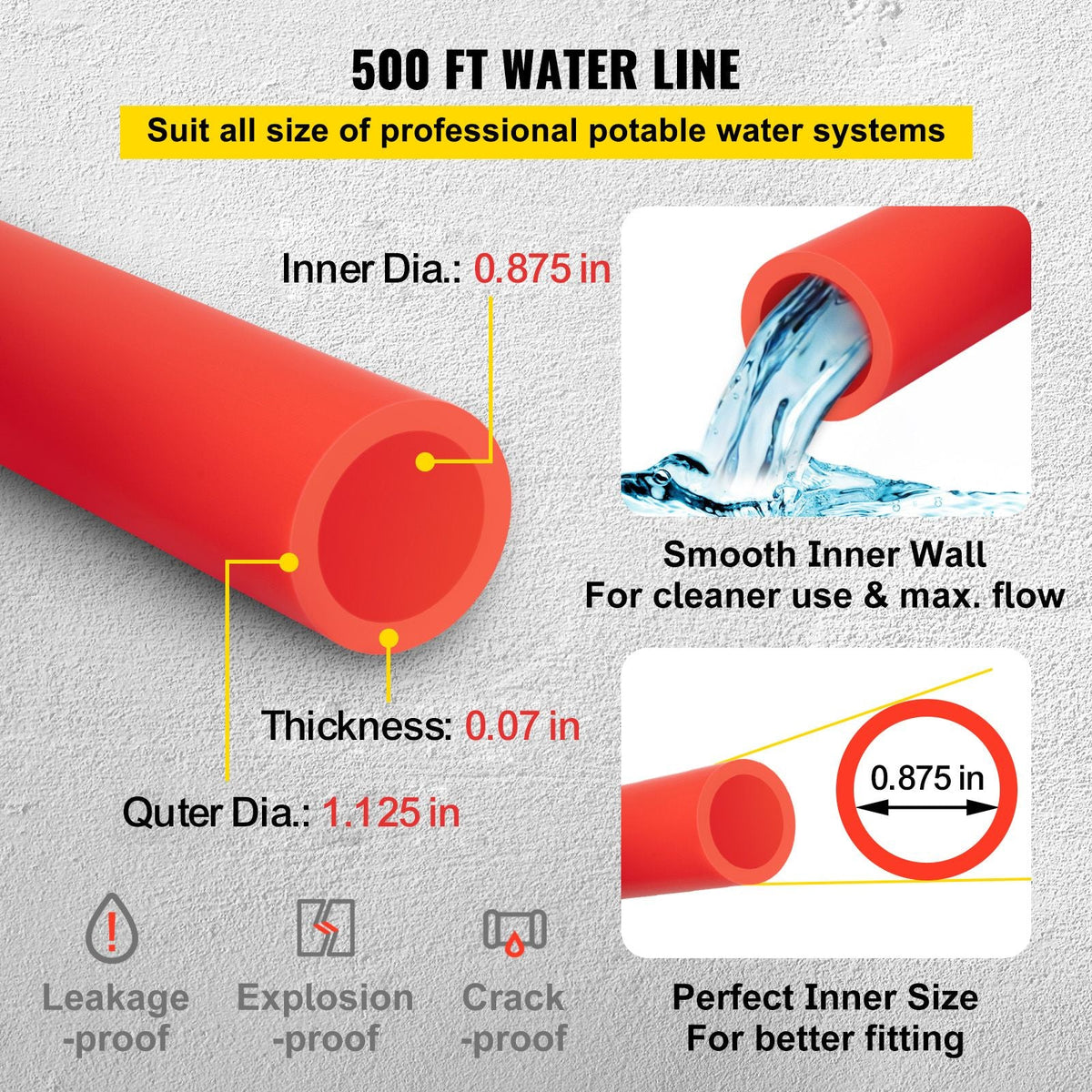 PEX Pipe, 7/8 inch x 500 FT PEX Tubing, Non Oxygen Barrier Red PEX-B Pipe, Flexible PEX Water Line for RV Sewer Hose, Plumbing, Radiant Heating