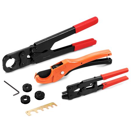PEX Pipe Crimping Tool Kit, Pro Press Crimper for 3/8", 1/2", 3/4", 1" Crimp Rings, with 3 Jaw Dies, PEX Tubing Cutter, Go/No-Go Gauge, Copper Ring Removal Tool, Meets ASTM F1807 Standards