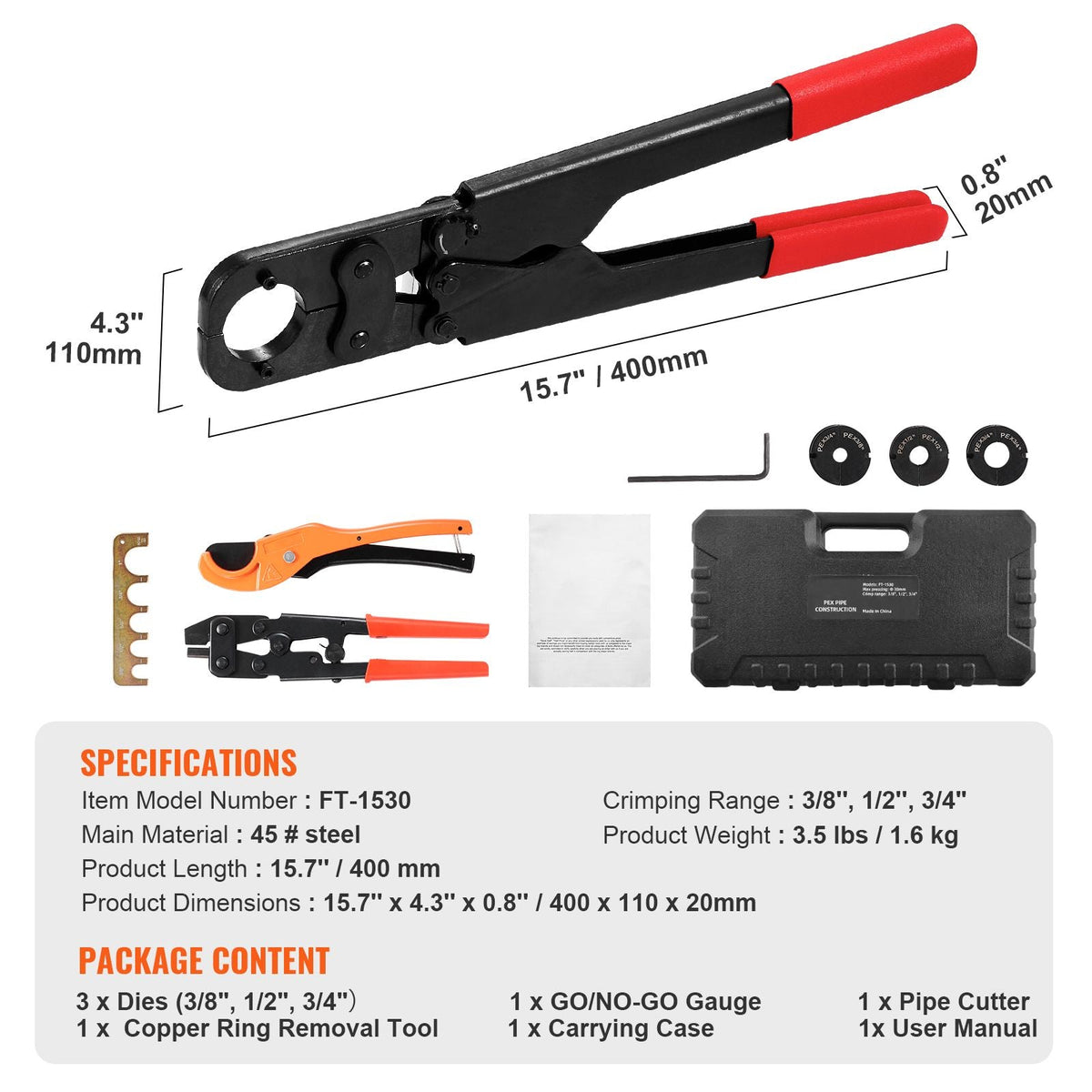 PEX Pipe Crimping Tool Kit, Pro Press Crimper for 3/8", 1/2", 3/4", 1" Crimp Rings, with 3 Jaw Dies, PEX Tubing Cutter, Go/No-Go Gauge, Copper Ring Removal Tool, Meets ASTM F1807 Standards