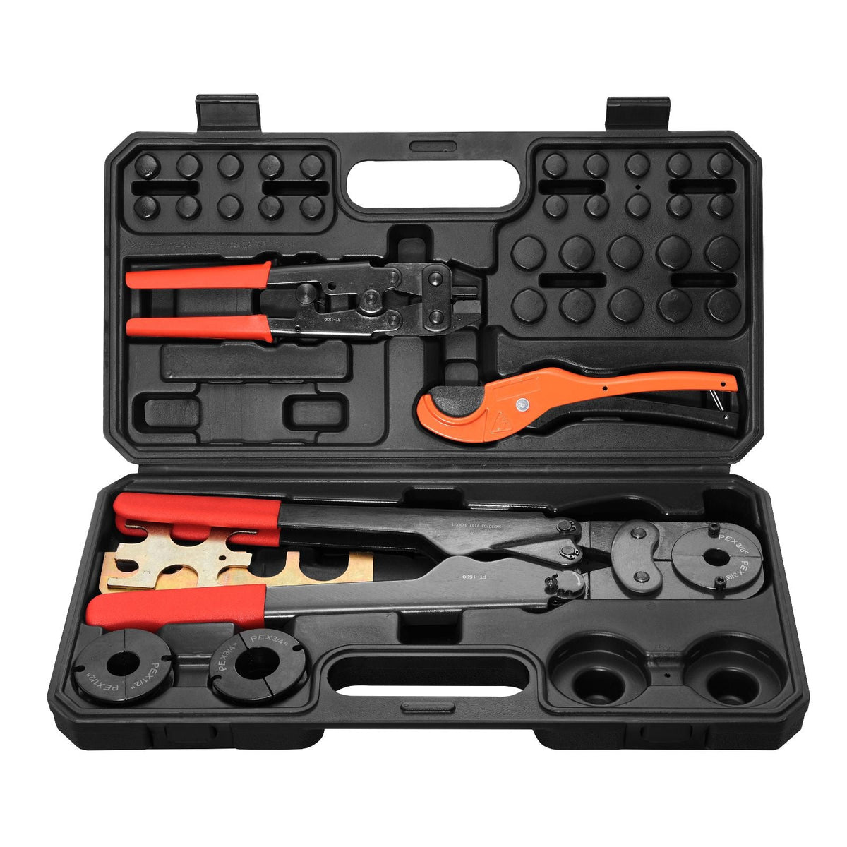 PEX Pipe Crimping Tool Kit, Pro Press Crimper for 3/8", 1/2", 3/4", 1" Crimp Rings, with 3 Jaw Dies, PEX Tubing Cutter, Go/No-Go Gauge, Copper Ring Removal Tool, Meets ASTM F1807 Standards