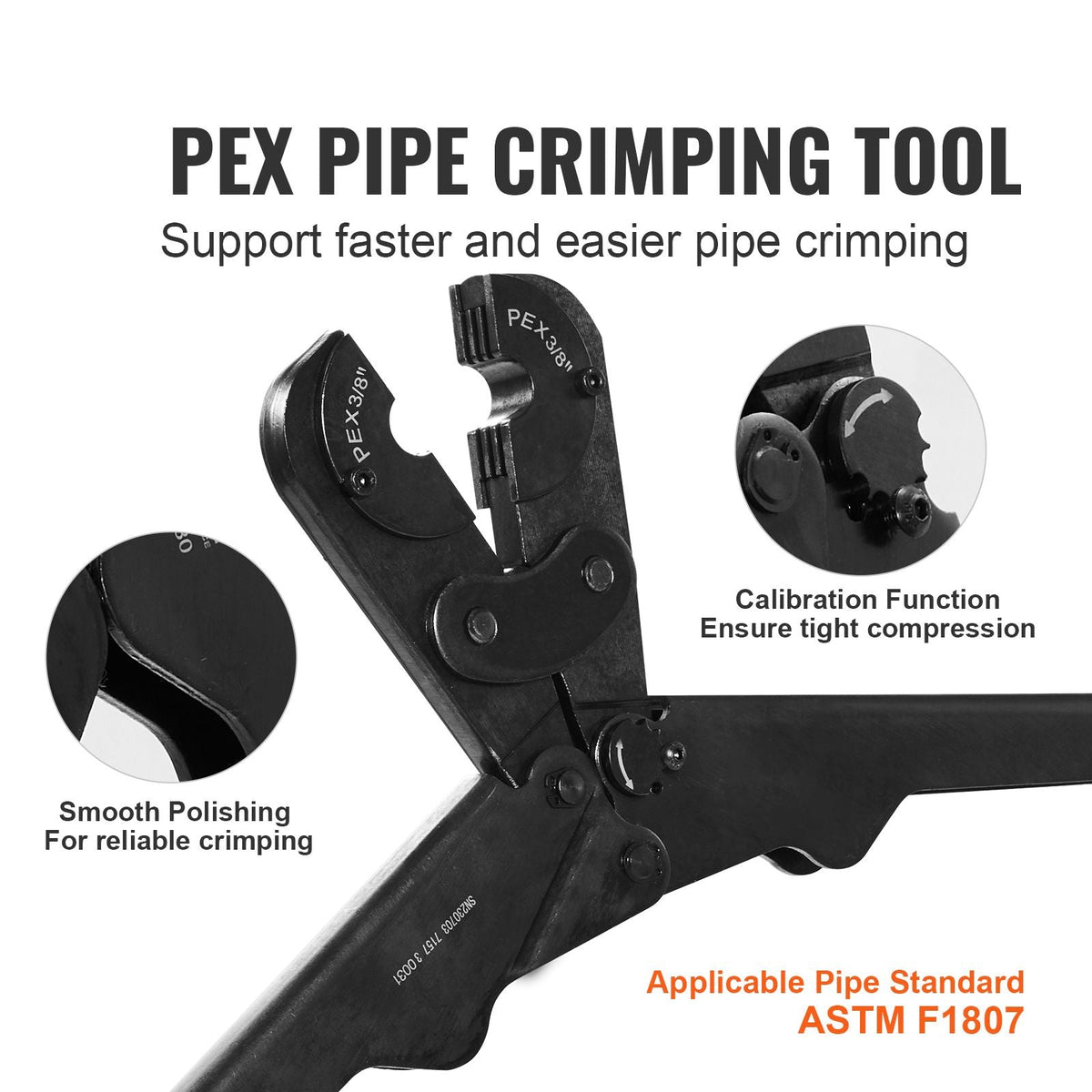 PEX Pipe Crimping Tool Kit, Pro Press Crimper for 3/8", 1/2", 3/4", 1" Crimp Rings, with 3 Jaw Dies, PEX Tubing Cutter, Go/No-Go Gauge, Copper Ring Removal Tool, Meets ASTM F1807 Standards