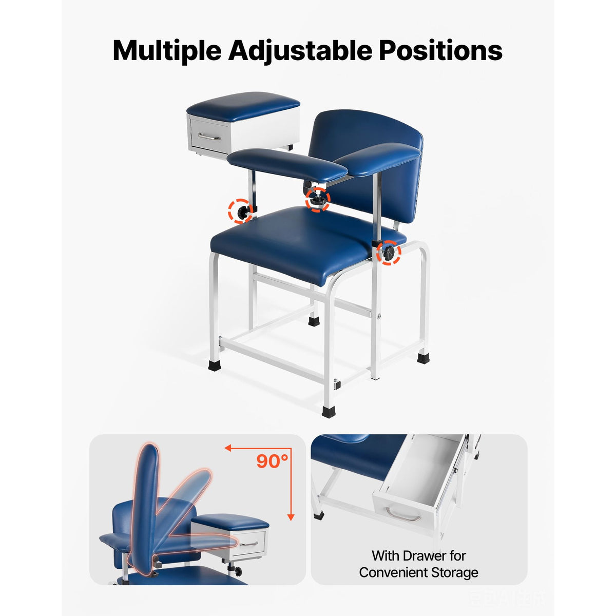 Phlebotomy Chair 500LBS Blood Draw Medical Chair with Drawer, Comfortable Blood Drawing Chairs with Adjustable Armrests, Soft Padded Seat, Easy-to-Clean PVC Leather for Hospitals Clinics