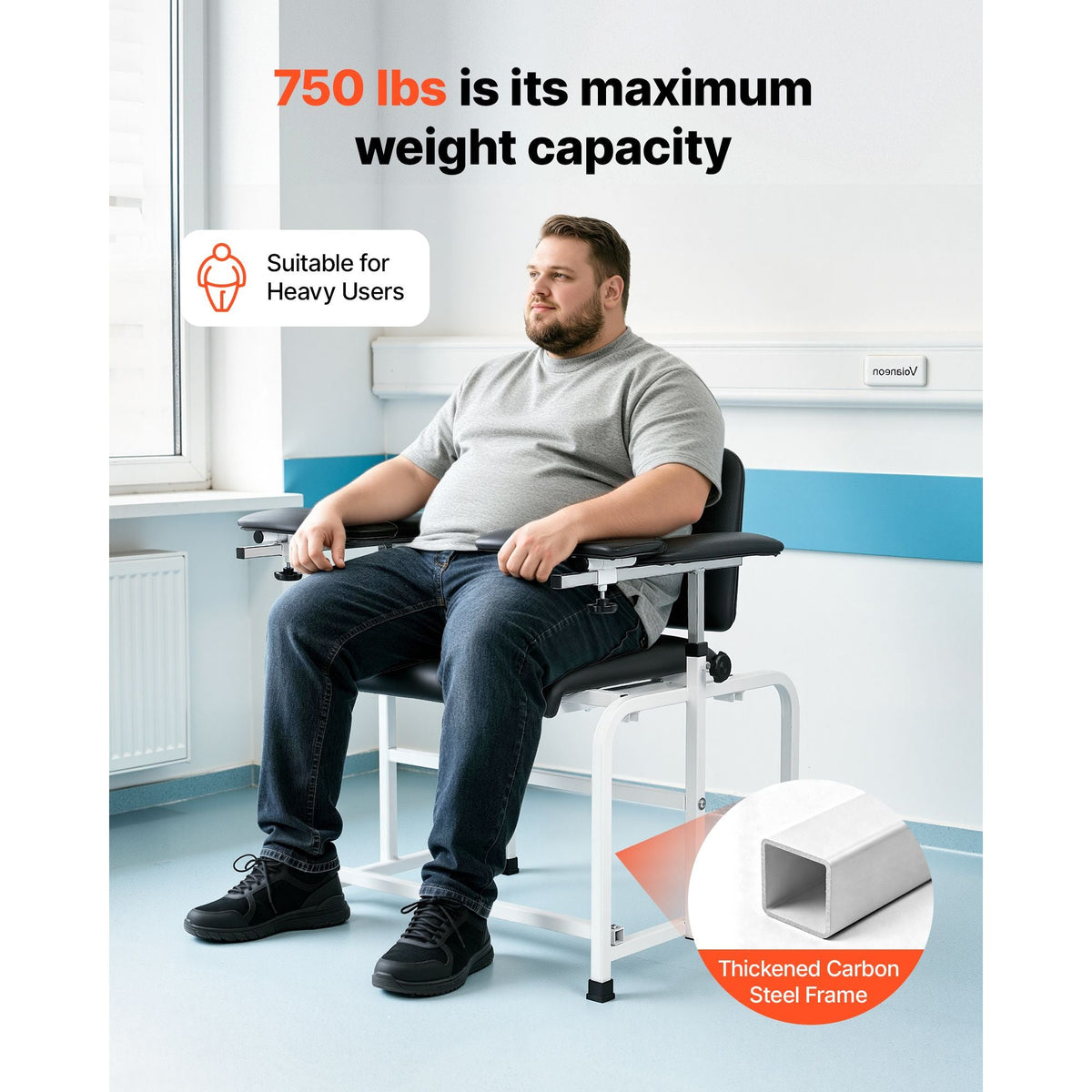 Phlebotomy Chair 750LBS Capacity Blood Draw Medical Chair, Comfortable Blood Drawing Chairs with Adjustable Armrests, Soft Padded Seat, Easy-to-Clean PVC Leather for Hospitals Clinics