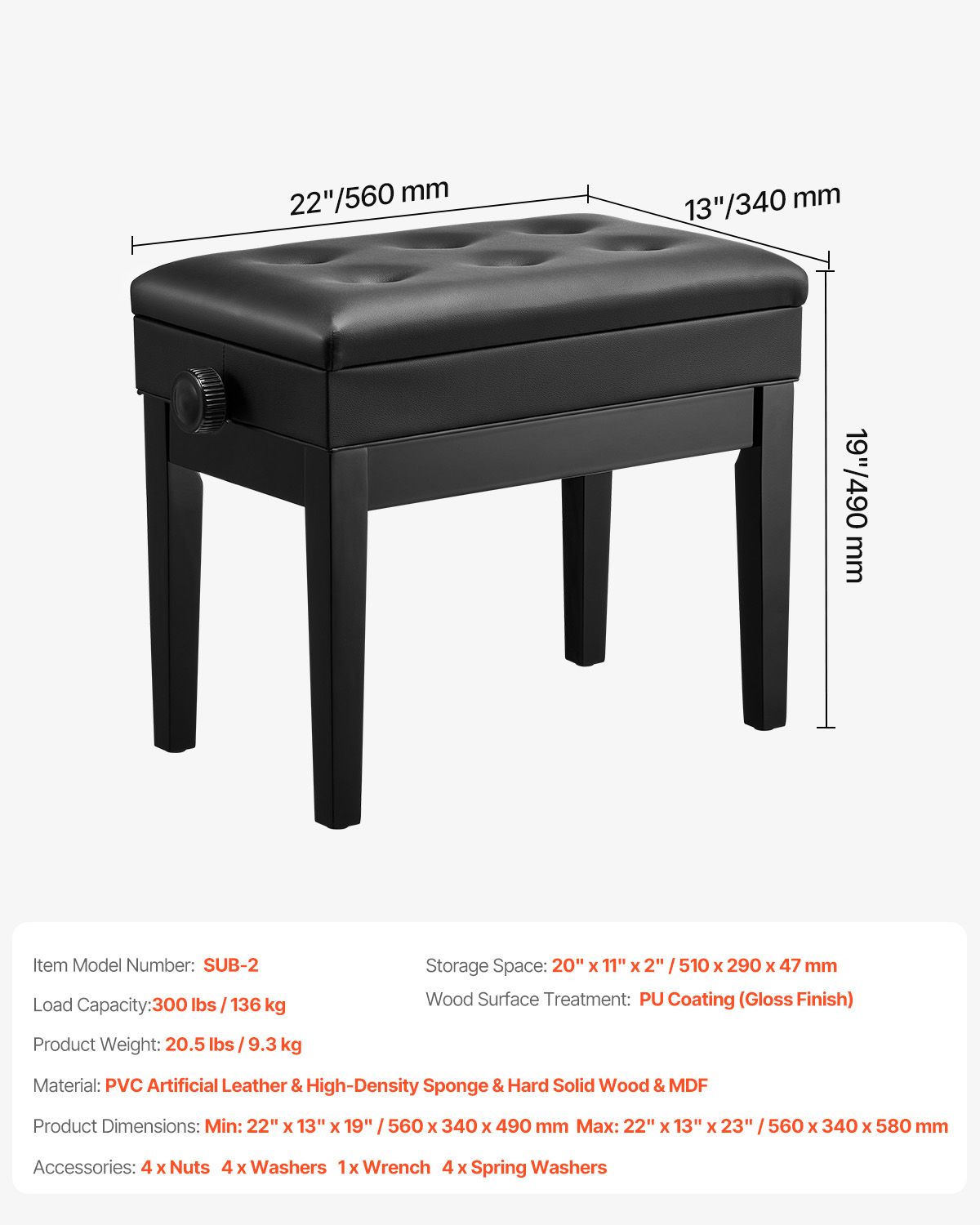 Piano Bench, 22" x 13" x 19.3", Keyboard Piano Chair with 19.3"-22.8" Adjustable Height, Padded Cushion, Storage Compartment for Music Books, Wooden Piano Stool Seat, for Vanity, Living Room