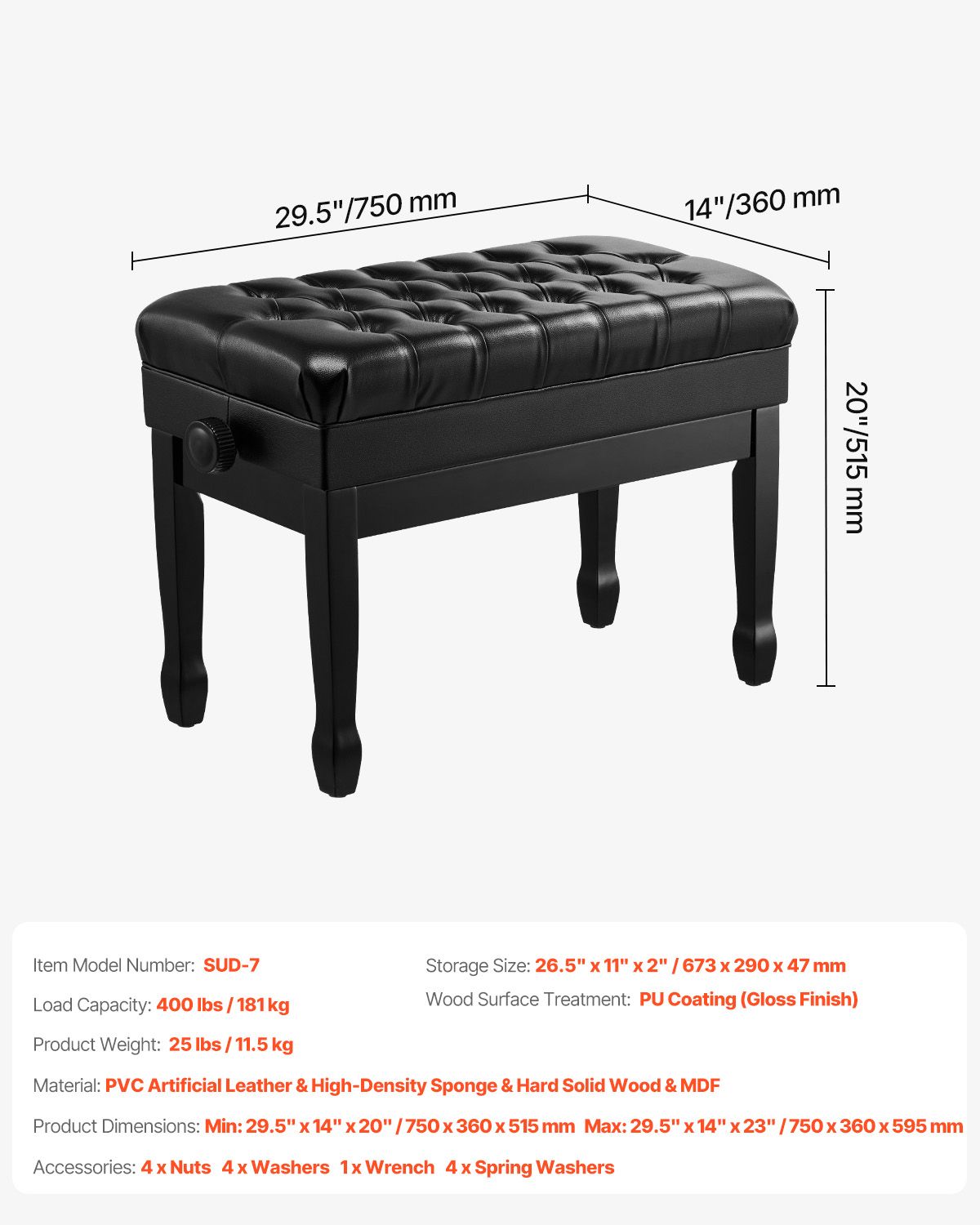 Piano Bench, 29.5" x 14" x 20.3", Duet Keyboard Piano Chair with 20.3"-23.4' Adjustable Height, Padded Cushion, Storage Compartment for Music Books, Wooden Piano Stool Seat, for Vanity, Bedroom