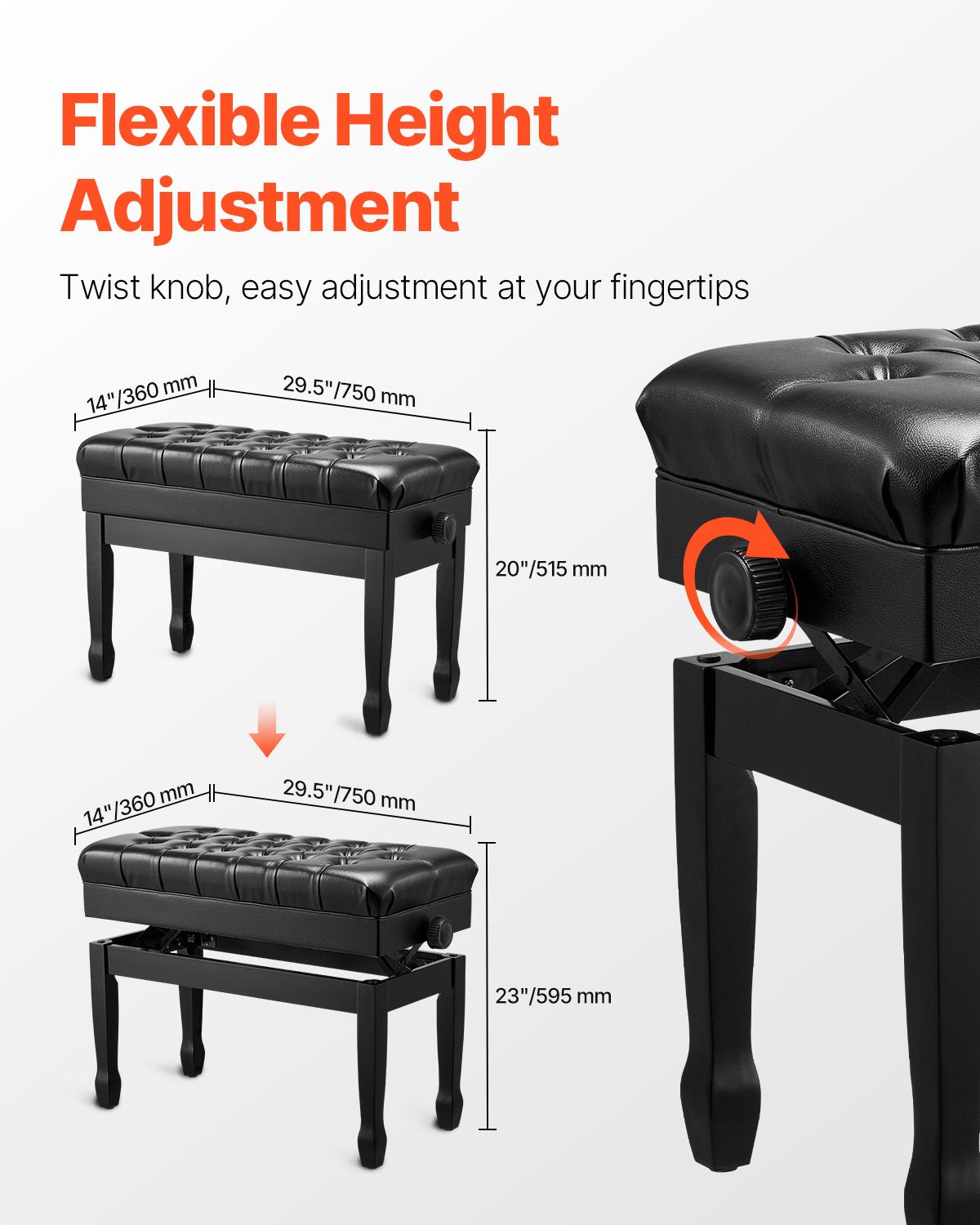 Piano Bench, 29.5" x 14" x 20.3", Duet Keyboard Piano Chair with 20.3"-23.4' Adjustable Height, Padded Cushion, Storage Compartment for Music Books, Wooden Piano Stool Seat, for Vanity, Bedroom