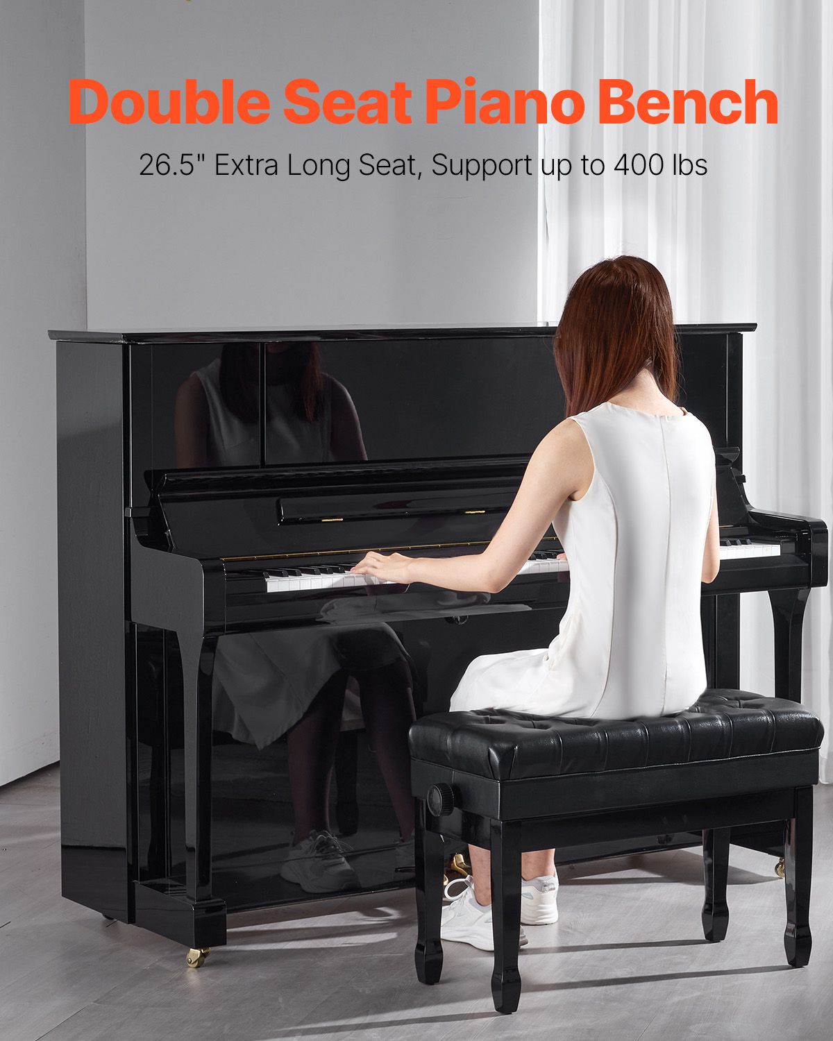 Piano Bench, 29.5" x 14" x 20.3", Duet Keyboard Piano Chair with 20.3"-23.4' Adjustable Height, Padded Cushion, Storage Compartment for Music Books, Wooden Piano Stool Seat, for Vanity, Bedroom
