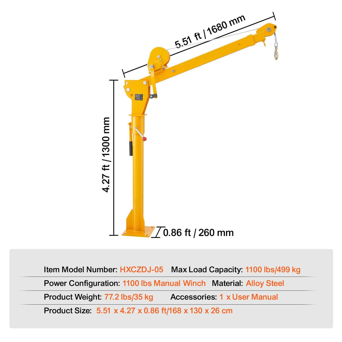 Pickup Truck Crane, Folding Truck-Mounted Bed Crane with 1100 lbs Manual Winch, Steel Pickup Truck Jib Crane Hoist 360 Degrees Swivel for Lifting Goods in Construction, Forestry, and Factory