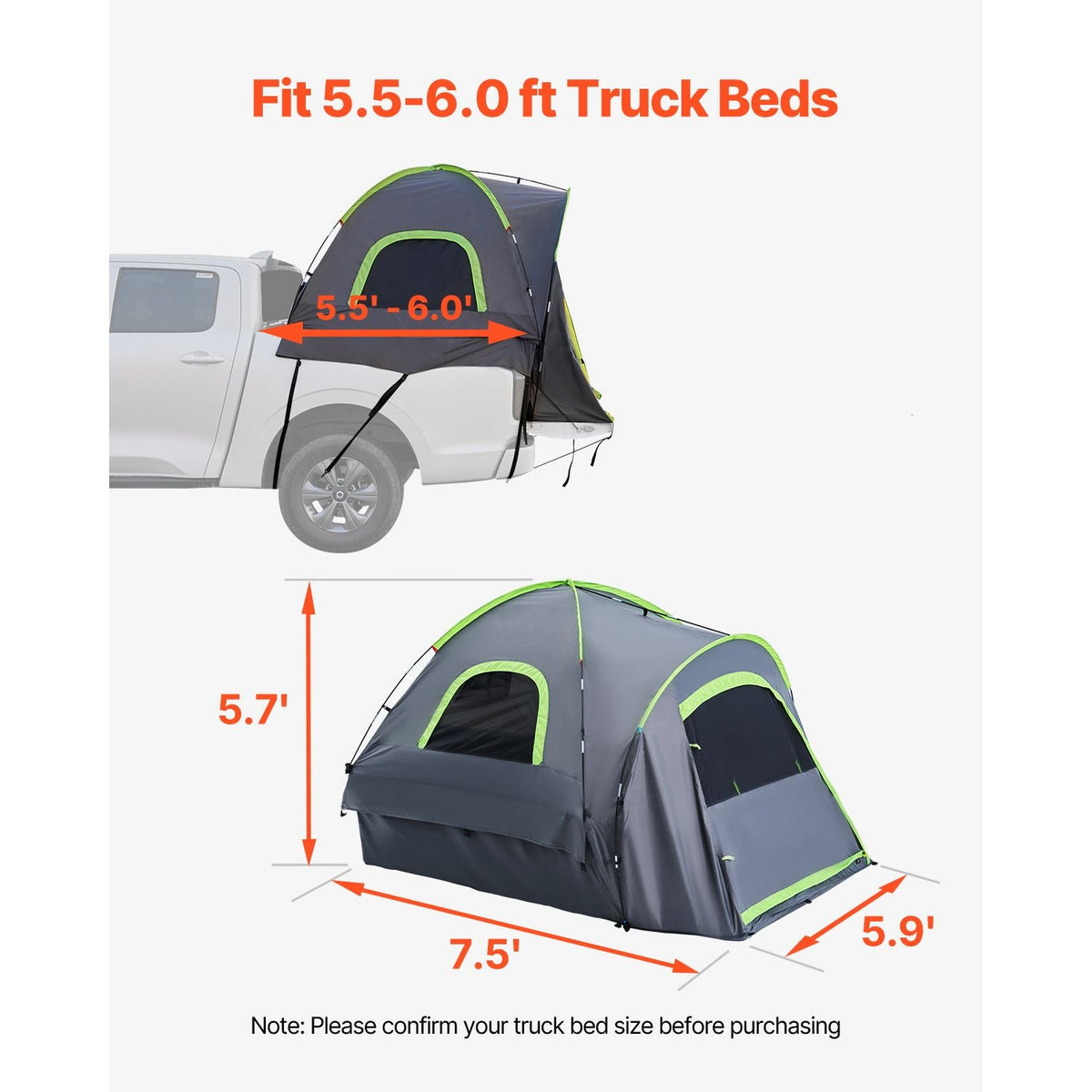 Pickup Truck Tent, Fit 5.5-6.0 ft Truck Tents for Camping, Waterproof PU2000mm 2-3 Person Sleeping Truck Bed Tent with Double Layer Design Windows, Sturdy Truck Bed Camper Shell with Storage Bag