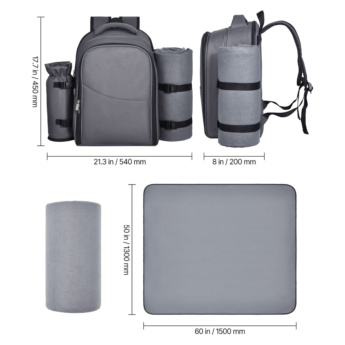 Picnic Backpack, Beach Picnic Backpack Bag for 2 Person with Insulated Cooler Compartment, Detachable Bottle/Wine Holder, Lightweight Blanket, Plates and Cutlery Set for Hiking, Camping, Grey