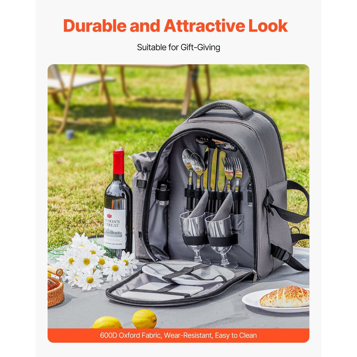 Picnic Backpack, Beach Picnic Backpack Bag for 2 Person with Insulated Cooler Compartment, Detachable Bottle/Wine Holder, Lightweight Blanket, Plates and Cutlery Set for Hiking, Camping, Grey