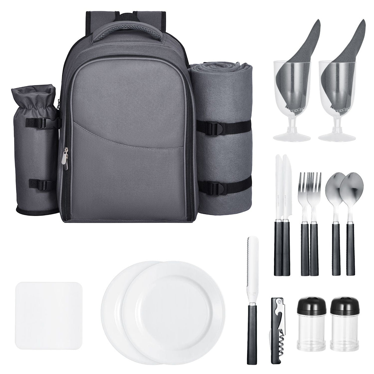 Picnic Backpack, Beach Picnic Backpack Bag for 2 Person with Insulated Cooler Compartment, Detachable Bottle/Wine Holder, Lightweight Blanket, Plates and Cutlery Set for Hiking, Camping, Grey