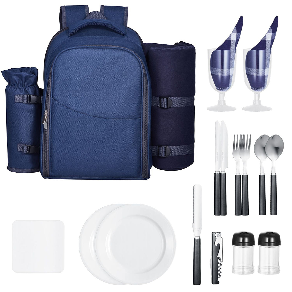 Picnic Backpack, Beach Picnic Backpack Bag for 2 Person with Insulated Cooler Compartment, Detachable Bottle/Wine Holder, Lightweight Blanket, Plates & Cutlery Set for Hiking, Camping, Navy Blue