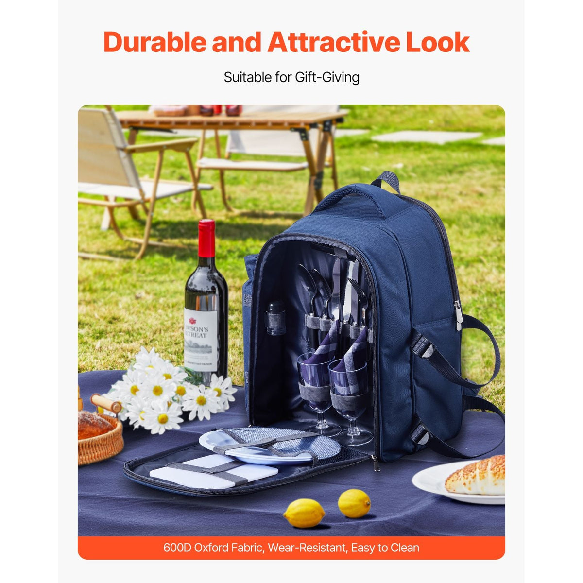 Picnic Backpack, Beach Picnic Backpack Bag for 2 Person with Insulated Cooler Compartment, Detachable Bottle/Wine Holder, Lightweight Blanket, Plates & Cutlery Set for Hiking, Camping, Navy Blue