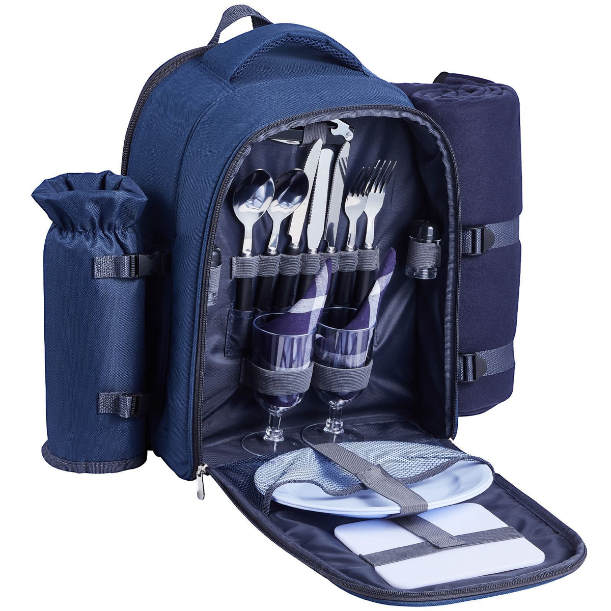 Picnic Backpack, Beach Picnic Backpack Bag for 2 Person with Insulated Cooler Compartment, Detachable Bottle/Wine Holder, Lightweight Blanket, Plates & Cutlery Set for Hiking, Camping, Navy Blue