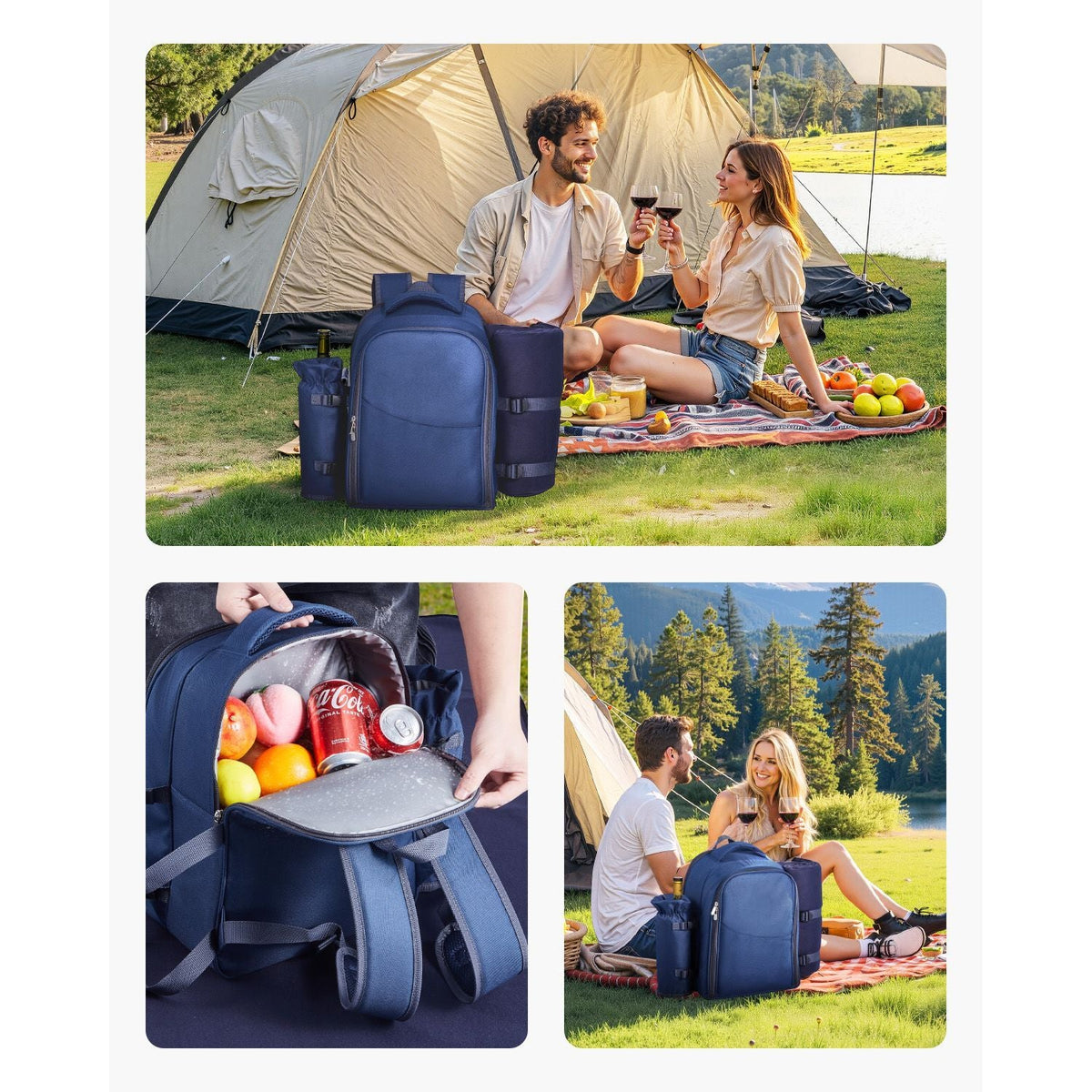 Picnic Backpack, Beach Picnic Backpack Bag for 2 Person with Insulated Cooler Compartment, Detachable Bottle/Wine Holder, Lightweight Blanket, Plates & Cutlery Set for Hiking, Camping, Navy Blue