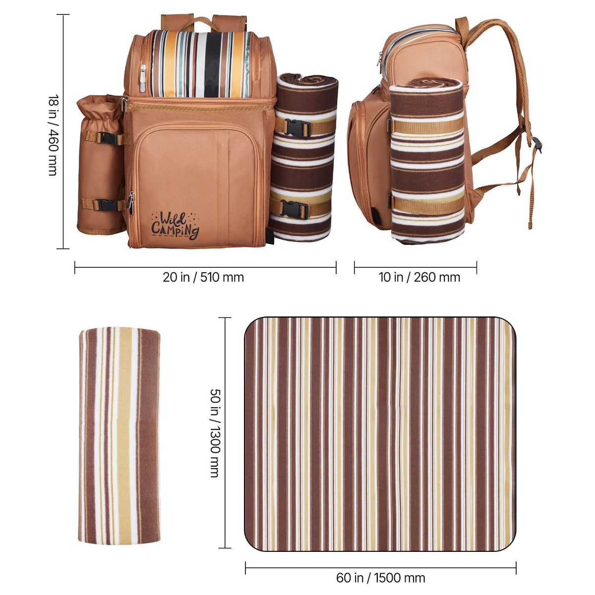 Picnic Backpack, Beach Picnic Backpack Bag for 4 Person with Insulated Cooler Compartment, Detachable Bottle/Wine Holder, Lightweight Blanket, Plates and Cutlery Set for Hiking & Camping, Brown