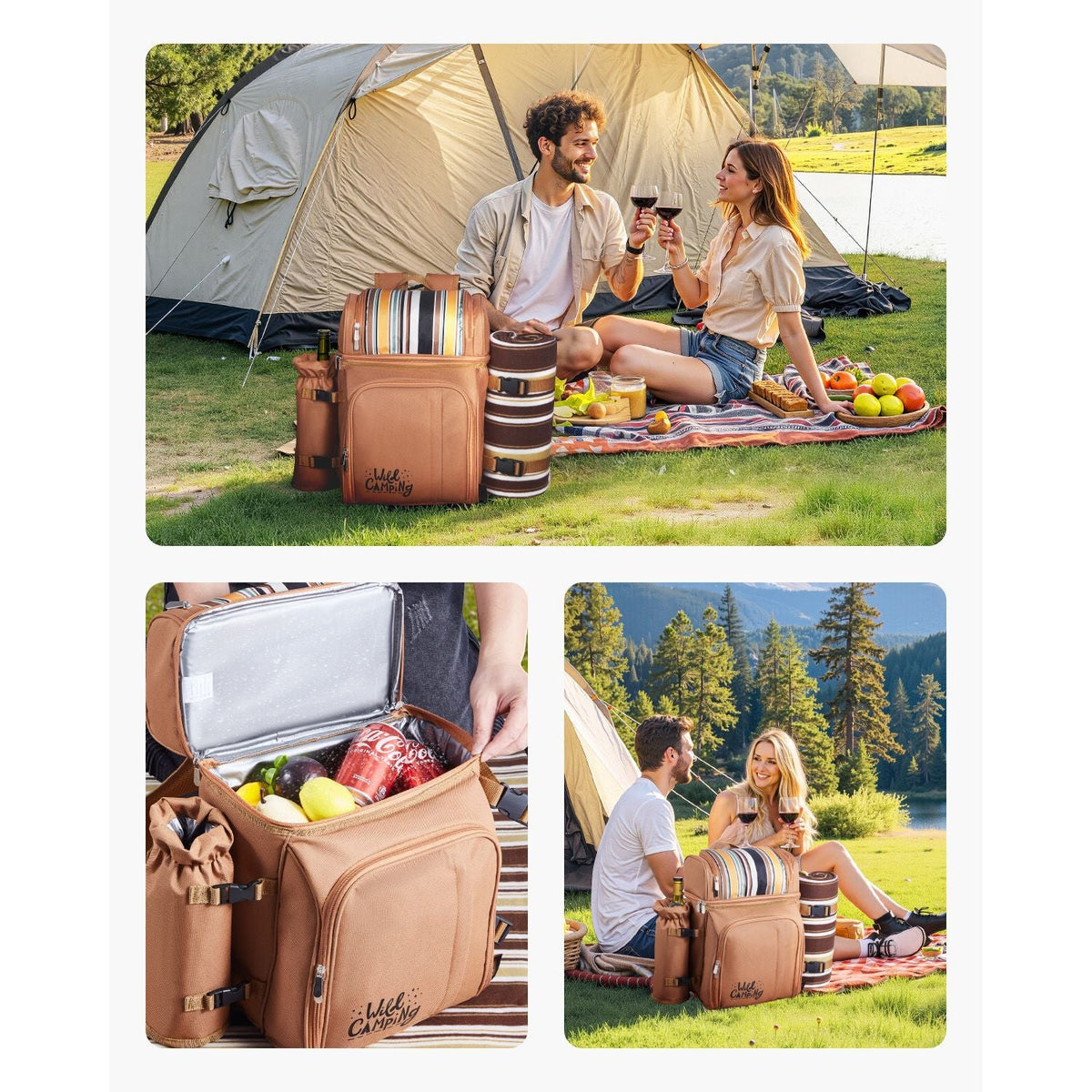 Picnic Backpack, Beach Picnic Backpack Bag for 4 Person with Insulated Cooler Compartment, Detachable Bottle/Wine Holder, Lightweight Blanket, Plates and Cutlery Set for Hiking & Camping, Brown