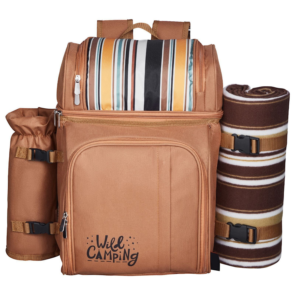 Picnic Backpack, Beach Picnic Backpack Bag for 4 Person with Insulated Cooler Compartment, Detachable Bottle/Wine Holder, Lightweight Blanket, Plates and Cutlery Set for Hiking & Camping, Brown