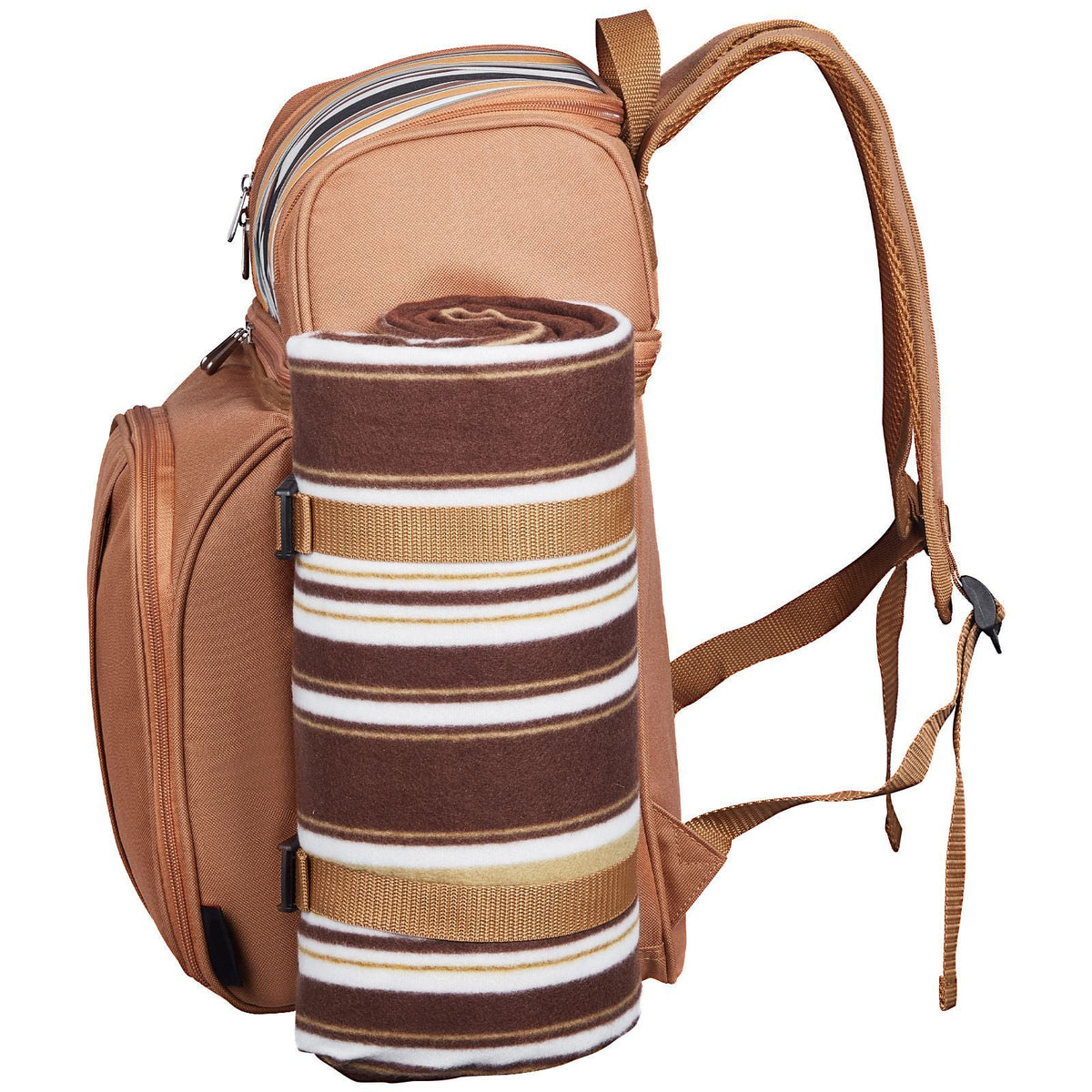 Picnic Backpack, Beach Picnic Backpack Bag for 4 Person with Insulated Cooler Compartment, Detachable Bottle/Wine Holder, Lightweight Blanket, Plates and Cutlery Set for Hiking & Camping, Brown