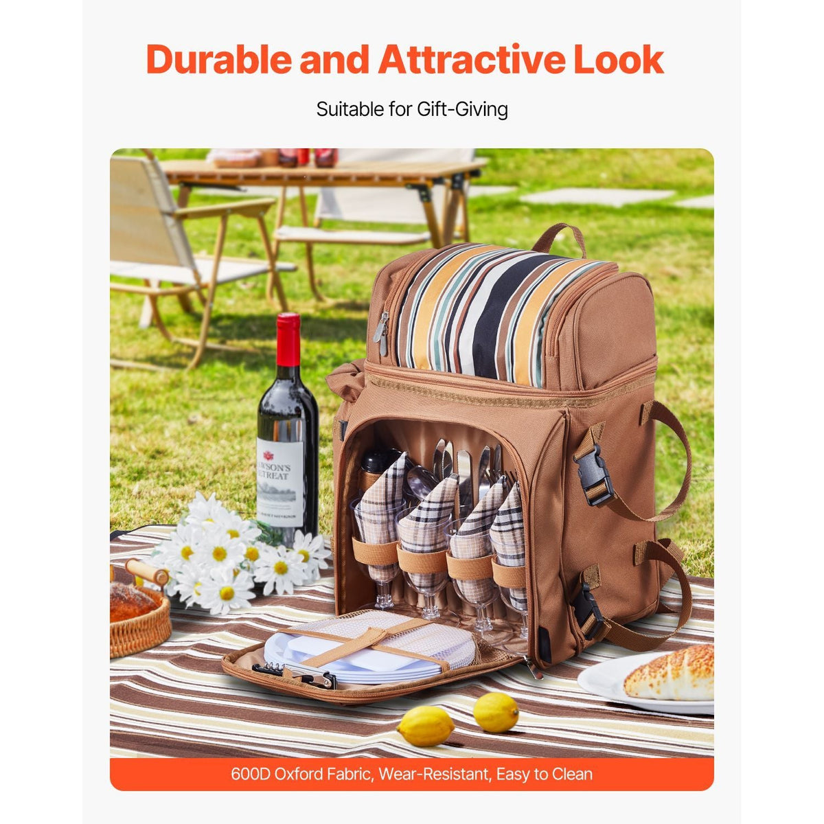Picnic Backpack, Beach Picnic Backpack Bag for 4 Person with Insulated Cooler Compartment, Detachable Bottle/Wine Holder, Lightweight Blanket, Plates and Cutlery Set for Hiking & Camping, Brown