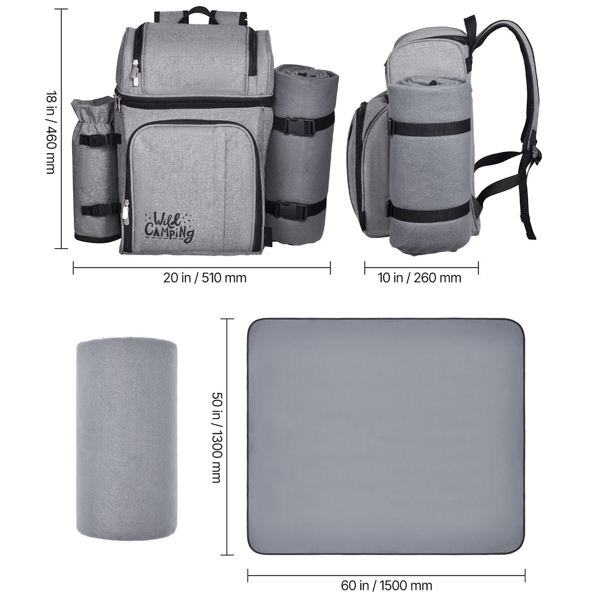 Picnic Backpack, Beach Picnic Backpack Bag for 4 Person with Insulated Cooler Compartment, Detachable Bottle/Wine Holder, Lightweight Blanket, Plates and Cutlery Set for Hiking & Camping, Grey