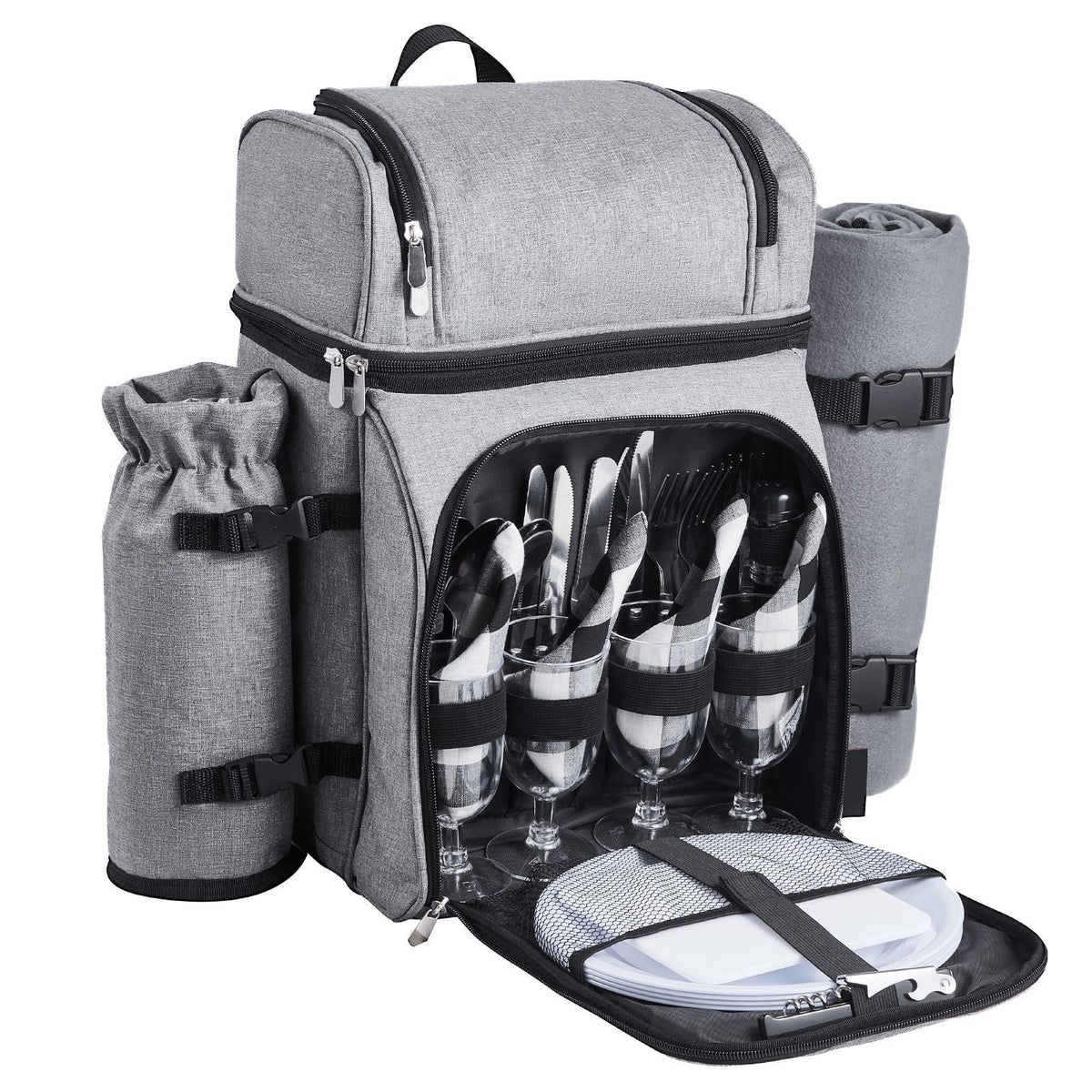 Picnic Backpack, Beach Picnic Backpack Bag for 4 Person with Insulated Cooler Compartment, Detachable Bottle/Wine Holder, Lightweight Blanket, Plates and Cutlery Set for Hiking & Camping, Grey