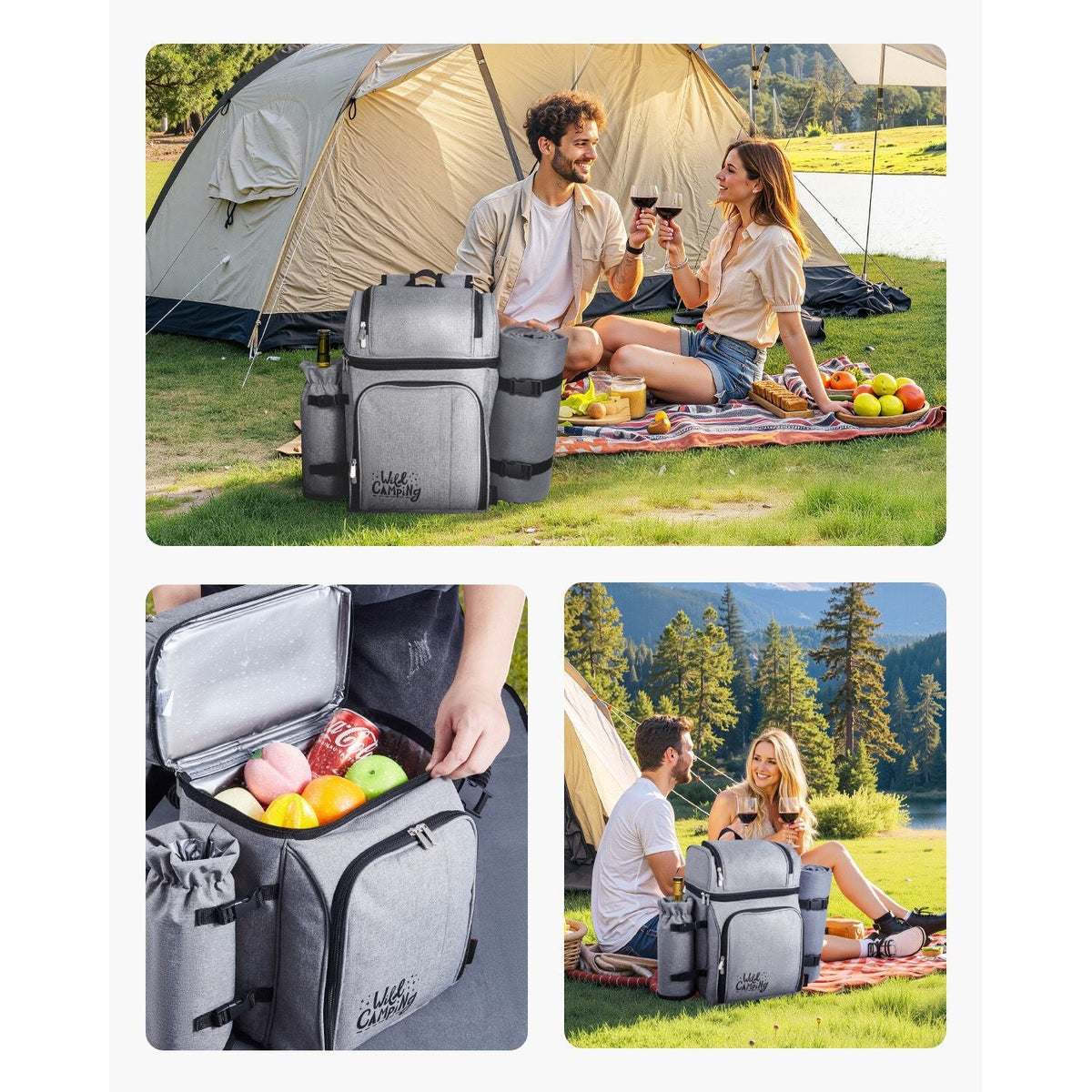 Picnic Backpack, Beach Picnic Backpack Bag for 4 Person with Insulated Cooler Compartment, Detachable Bottle/Wine Holder, Lightweight Blanket, Plates and Cutlery Set for Hiking & Camping, Grey