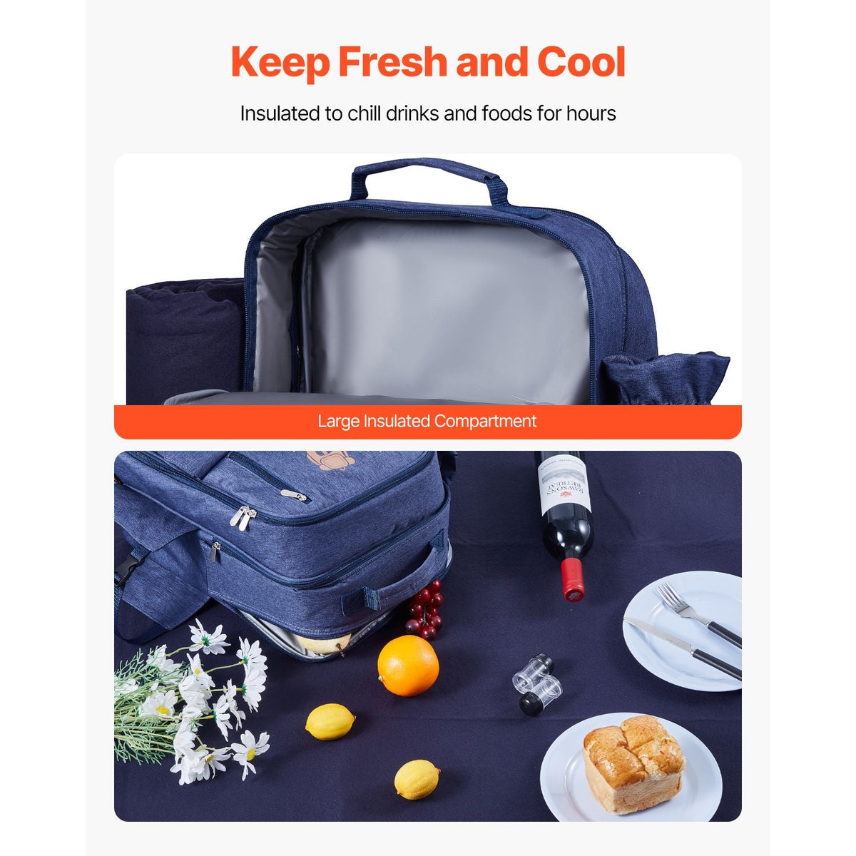 Picnic Backpack, Beach Picnic Backpack Bag for 4 Person with Insulated Cooler Compartment, Detachable Bottle/Wine Holder, Lightweight Blanket, Plates and Cutlery Set for Outdoor, Navy Blue