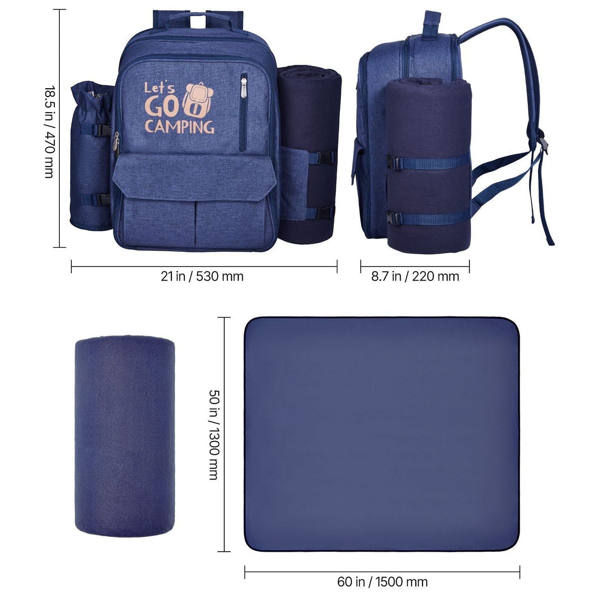 Picnic Backpack, Beach Picnic Backpack Bag for 4 Person with Insulated Cooler Compartment, Detachable Bottle/Wine Holder, Lightweight Blanket, Plates and Cutlery Set for Outdoor, Navy Blue