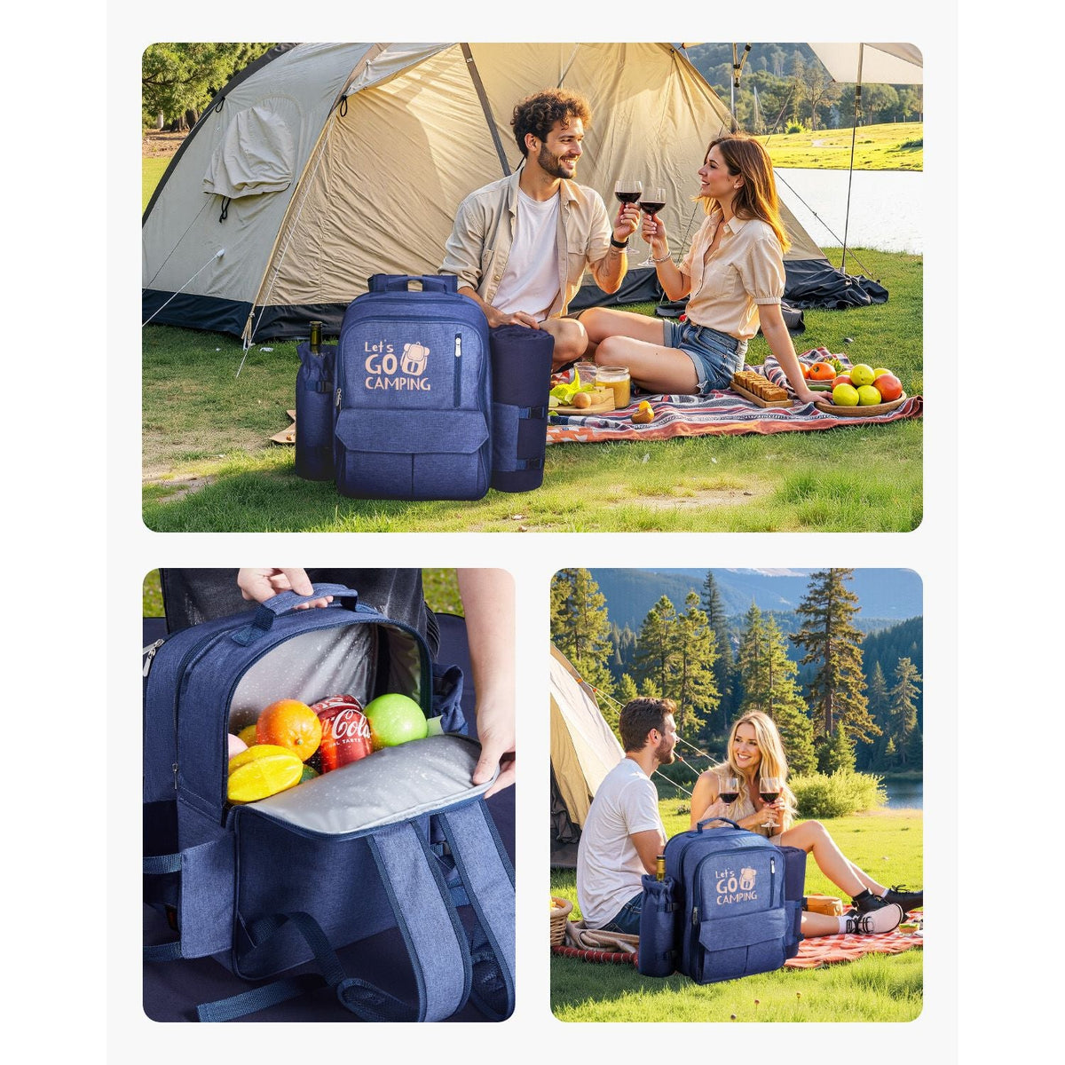 Picnic Backpack, Beach Picnic Backpack Bag for 4 Person with Insulated Cooler Compartment, Detachable Bottle/Wine Holder, Lightweight Blanket, Plates and Cutlery Set for Outdoor, Navy Blue