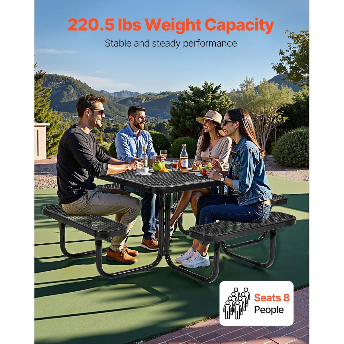 Picnic Table, Outdoor Weather Resistant Patio Dining Furniture Set, Heavy Duty Coated Steel Tables with Umbrella Hole, 45.7 in Square Table and Bench Set, for Garden, Backyard, Porch, Black