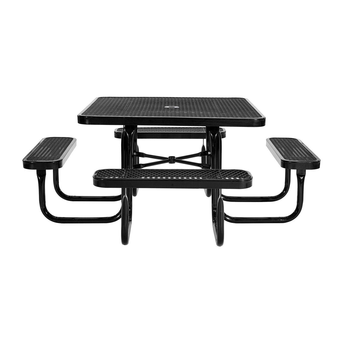Picnic Table, Outdoor Weather Resistant Patio Dining Furniture Set, Heavy Duty Coated Steel Tables with Umbrella Hole, 45.7 in Square Table and Bench Set, for Garden, Backyard, Porch, Black